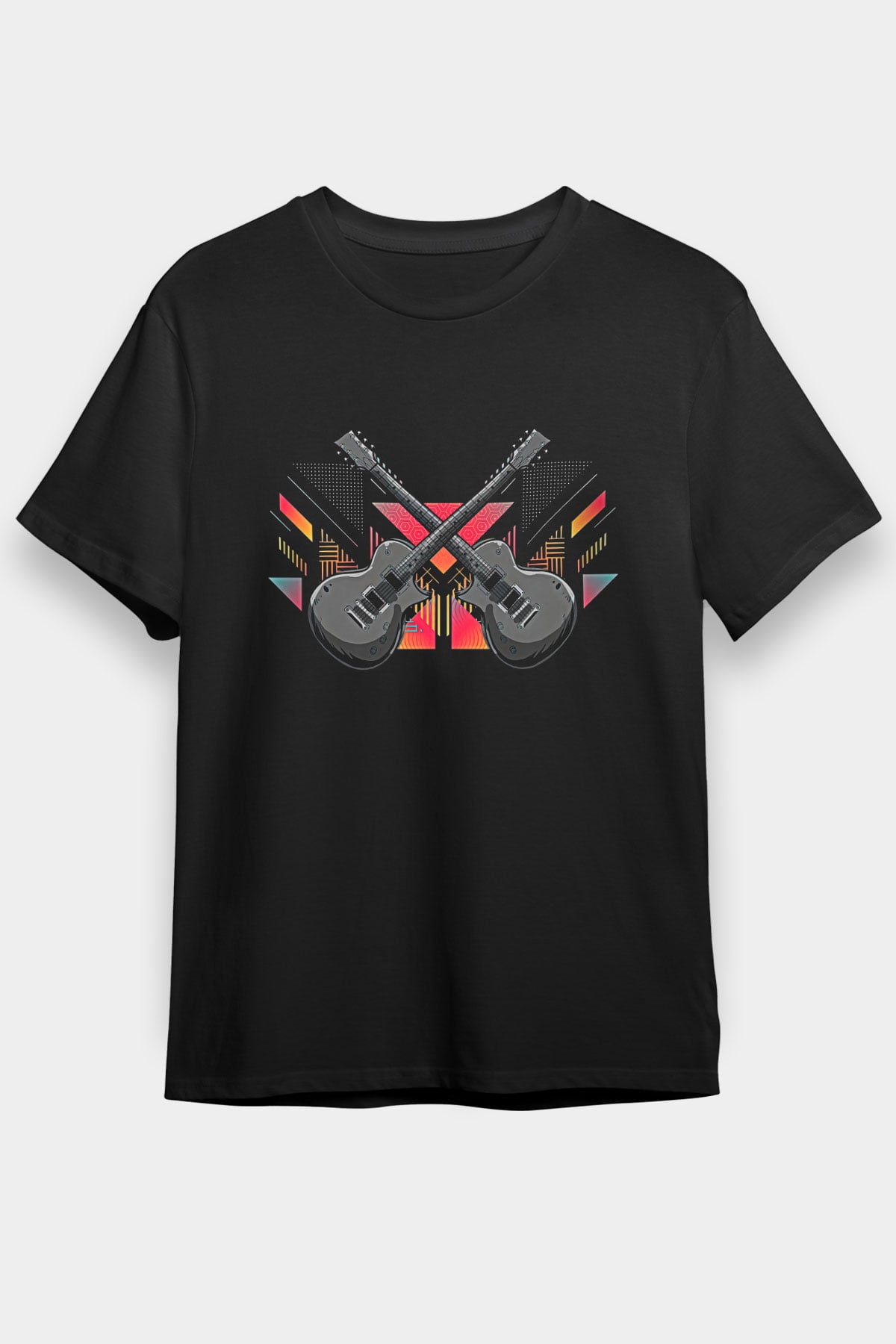 Elektro Gitar Baskılı Unisex Siyah Tişört - Tshirt