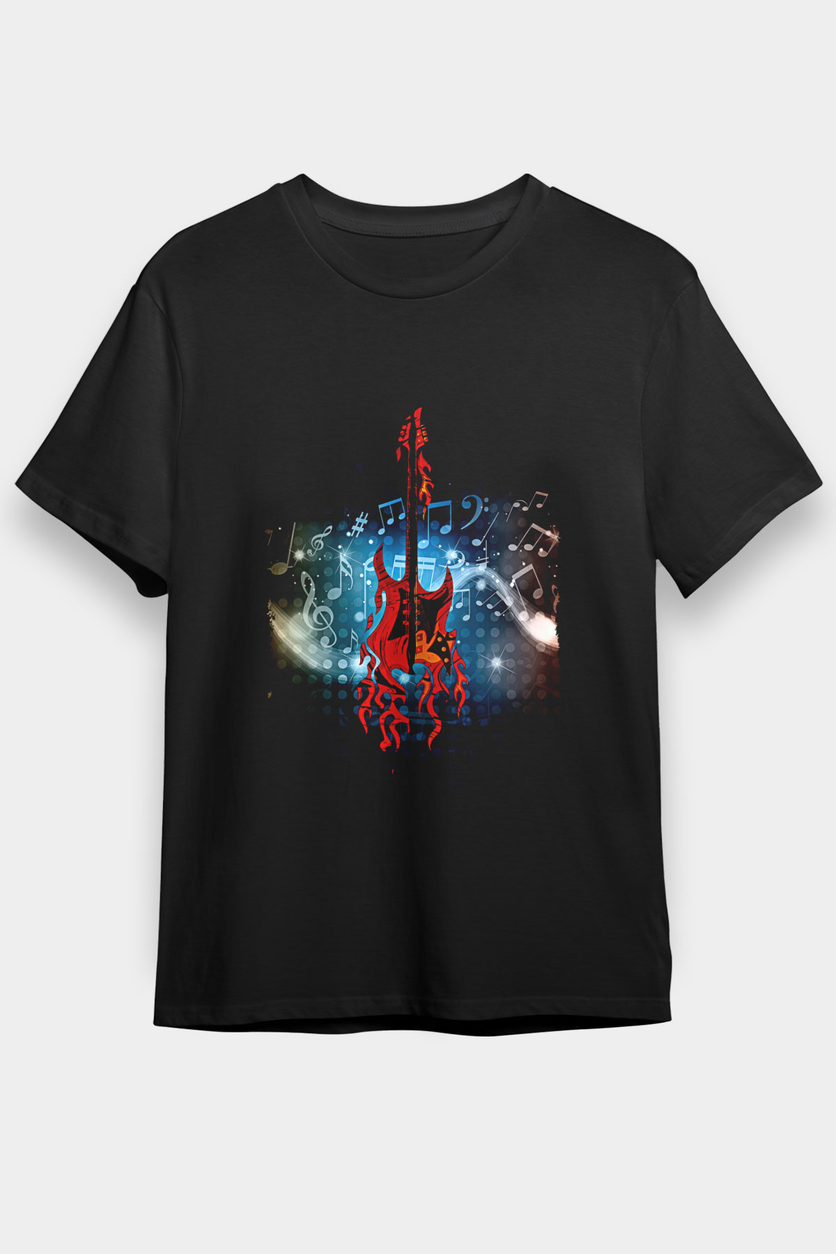 Elektro Gitar Baskılı Unisex Siyah Tişört - Tshirt