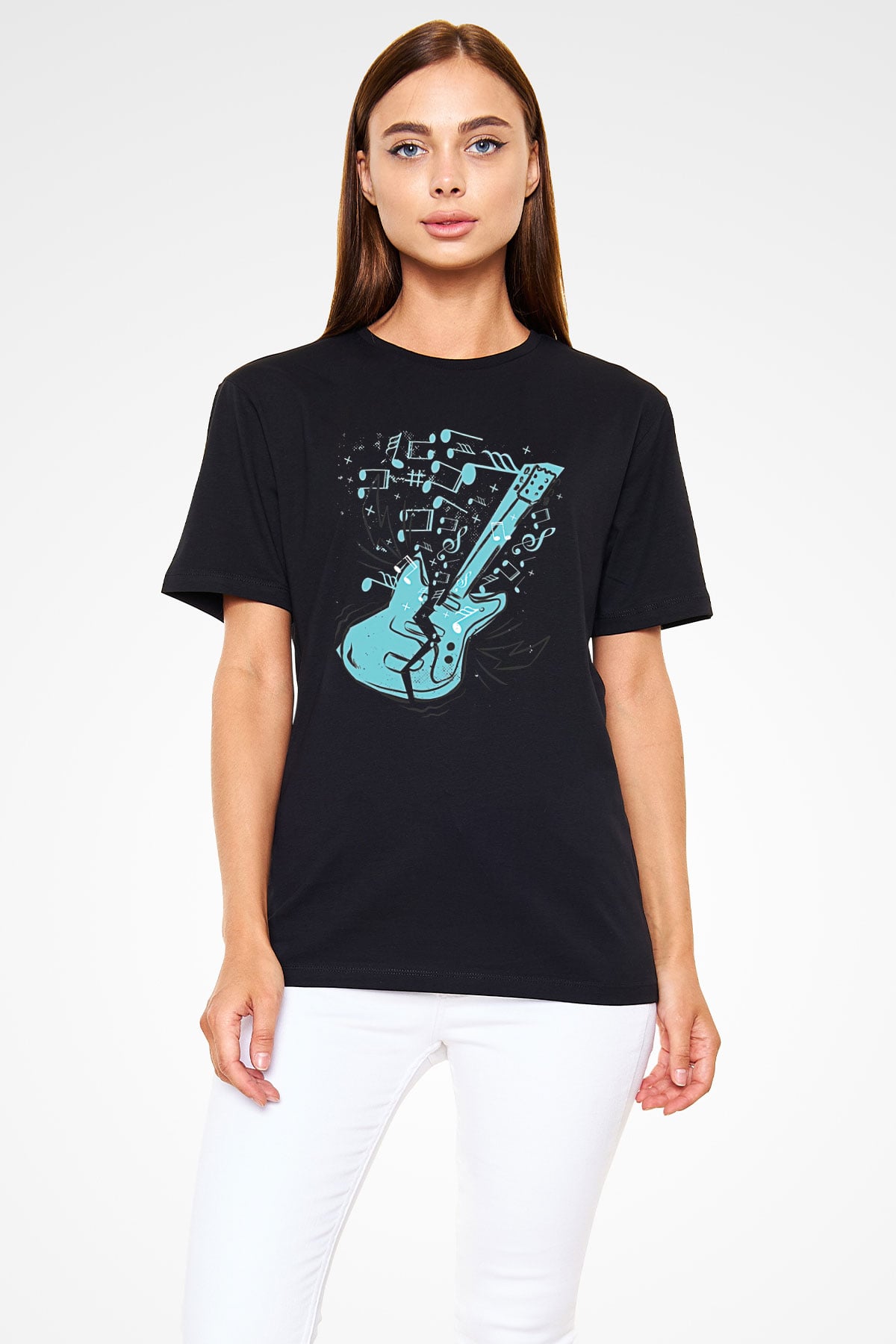 Elektro Gitar Baskılı Unisex Siyah Tişört - Tshirt