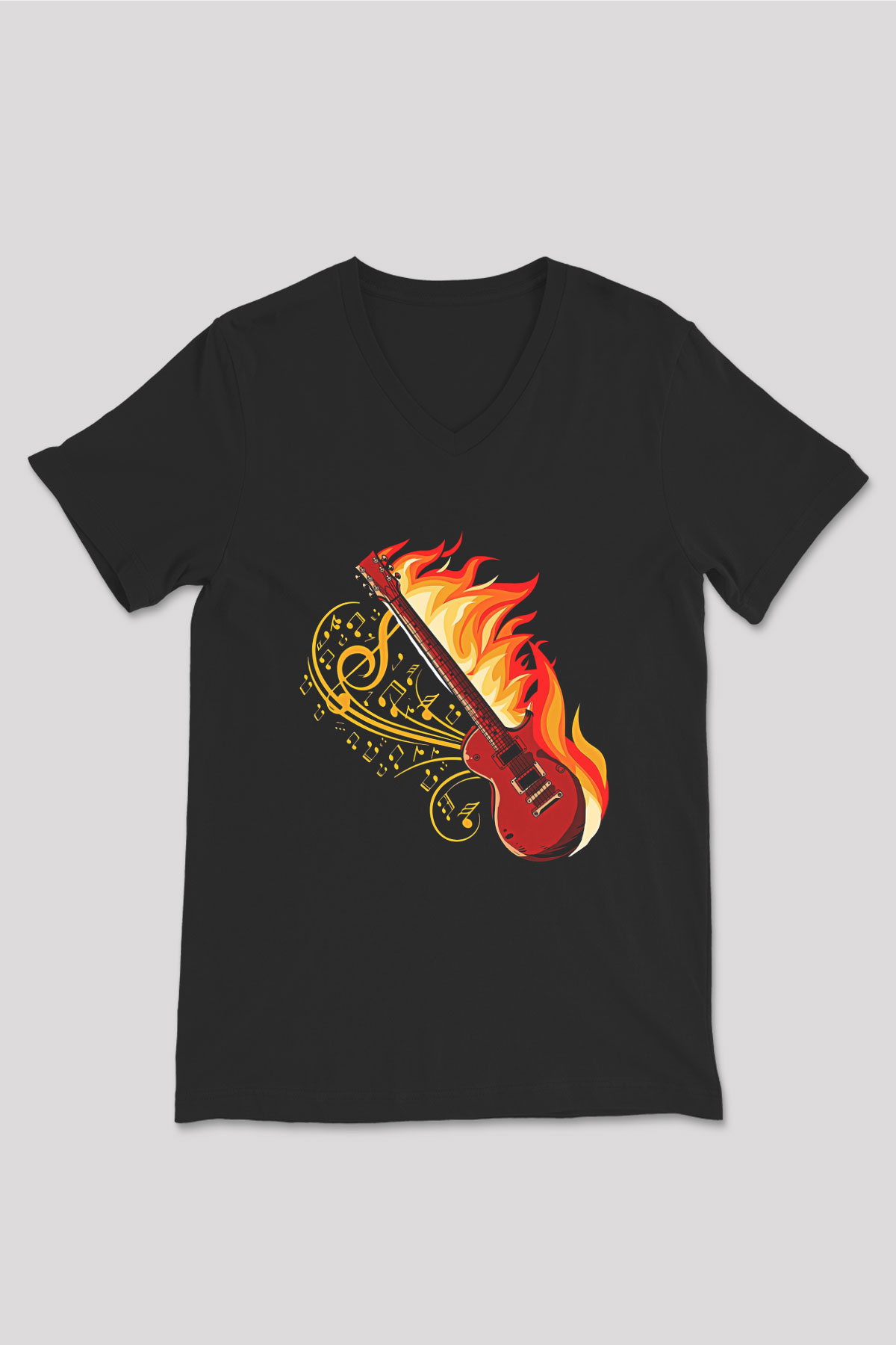 Elektro Gitar Baskılı Unisex Siyah V Yaka Tişört - Tshirt