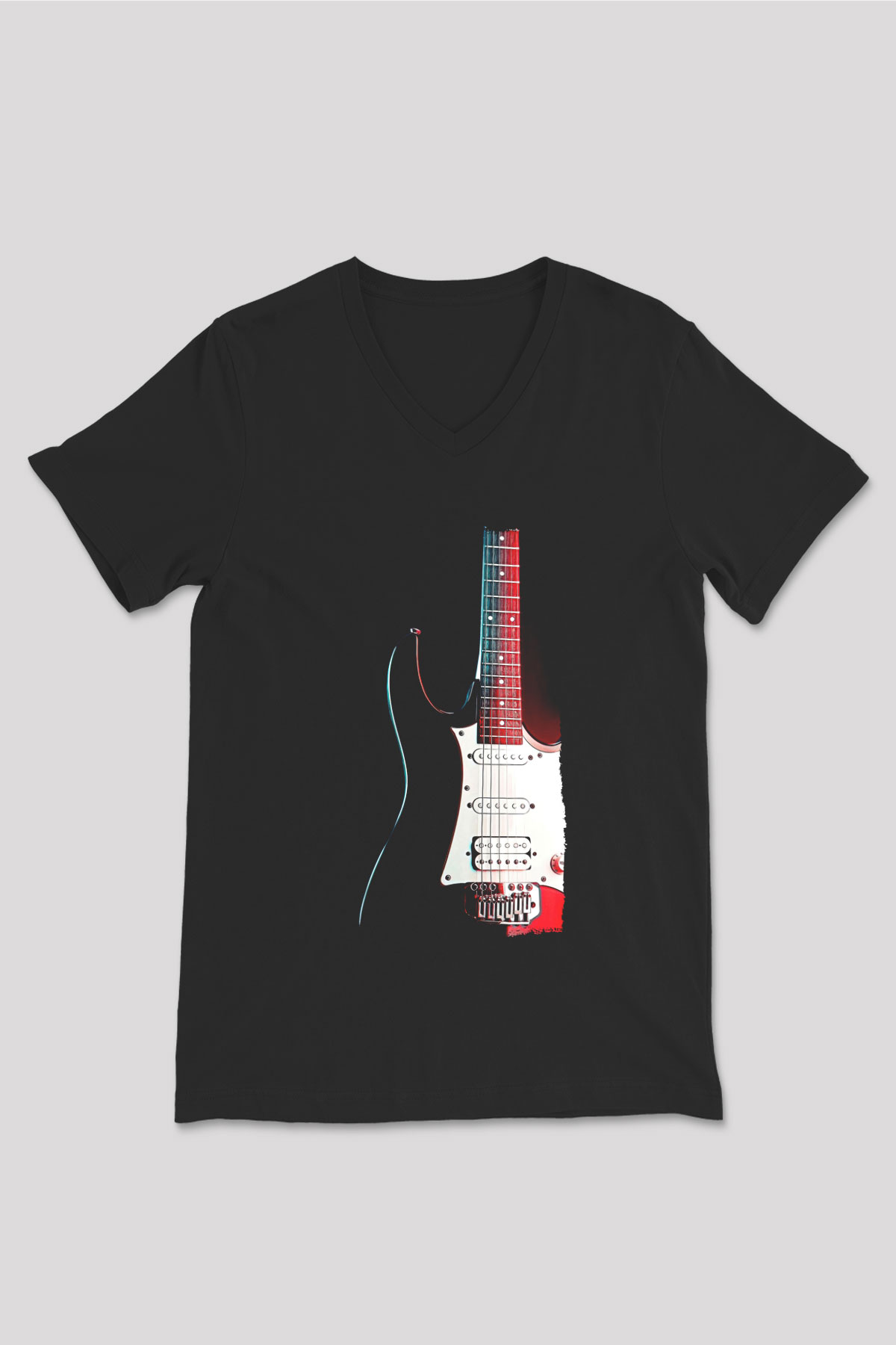 Elektro Gitar Baskılı Unisex Siyah V Yaka Tişört - Tshirt