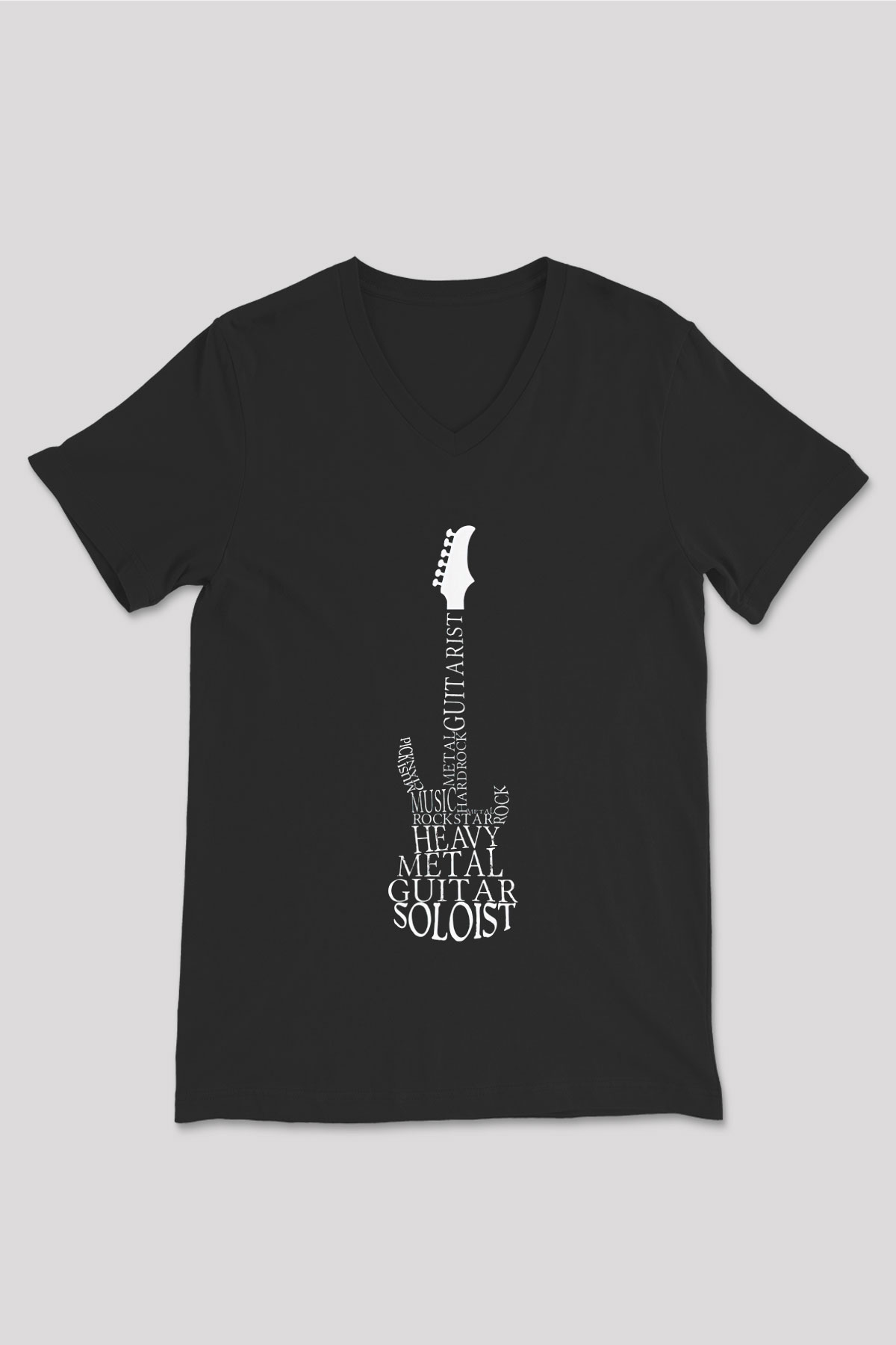 Elektro Gitar Baskılı Unisex Siyah V Yaka Tişört - Tshirt