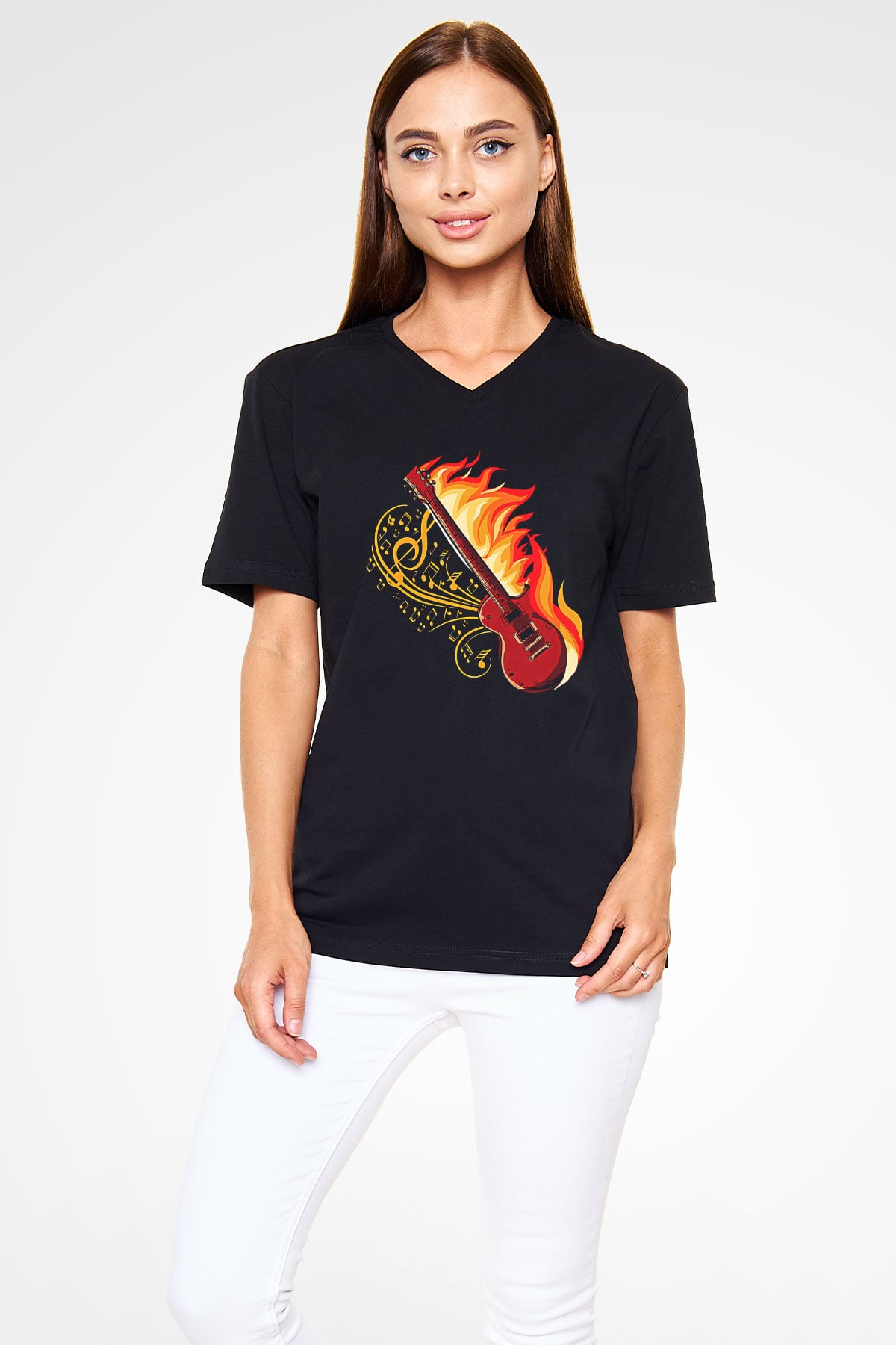 Elektro Gitar Baskılı Unisex Siyah V Yaka Tişört - Tshirt
