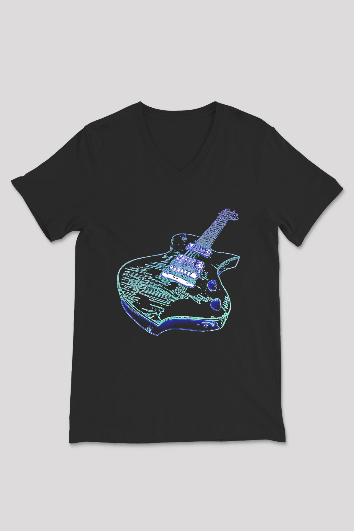 Elektro Gitar Baskılı Unisex Siyah V Yaka Tişört - Tshirt