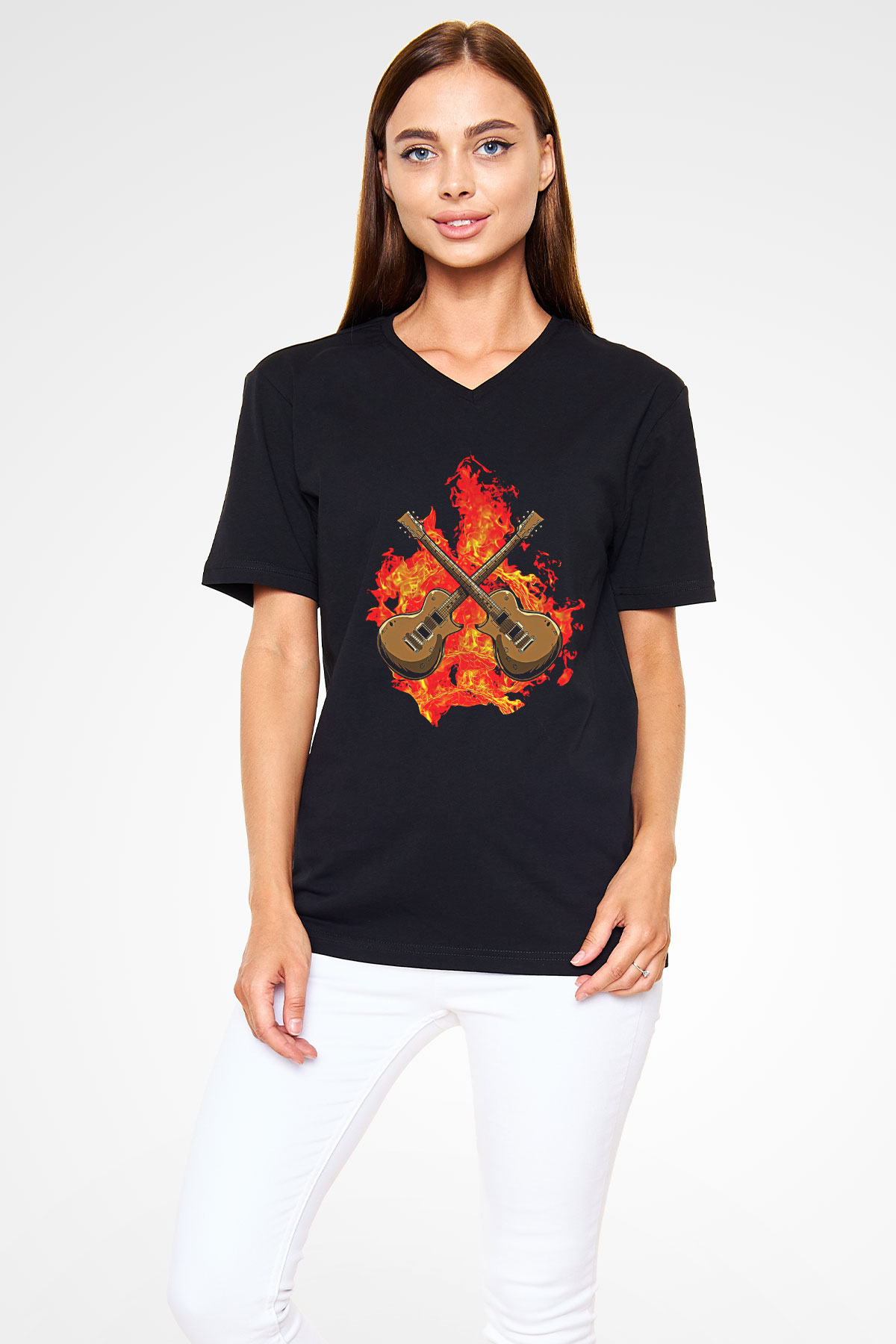 Elektro Gitar Baskılı Unisex Siyah V Yaka Tişört - Tshirt