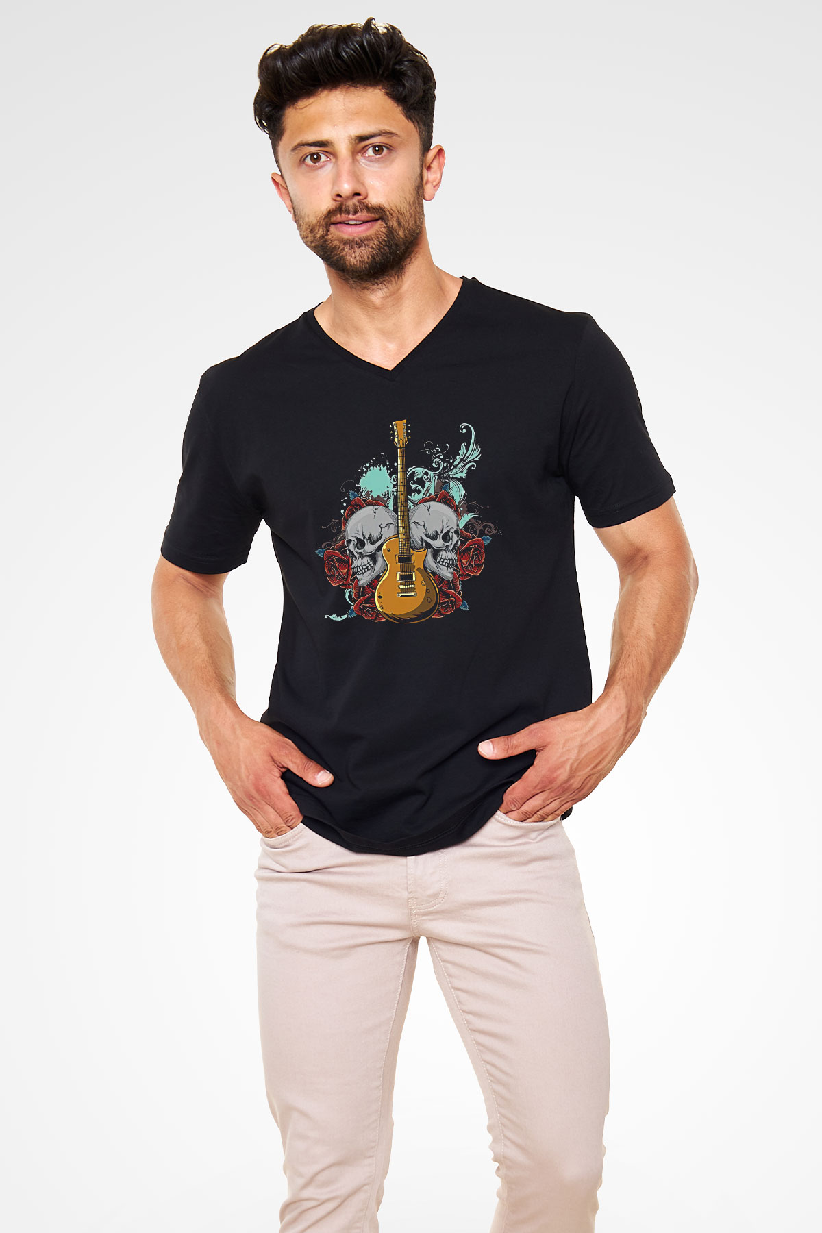 Elektro Gitar Baskılı Unisex Siyah V Yaka Tişört - Tshirt