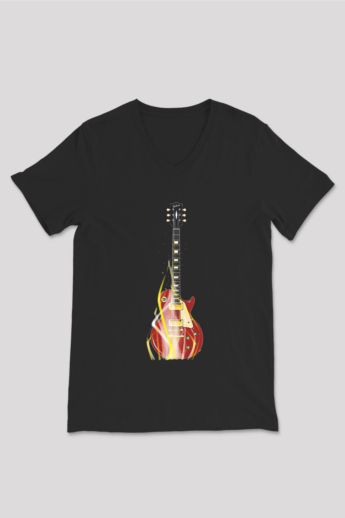 Elektro Gitar Baskılı Unisex Siyah V Yaka Tişört - Tshirt