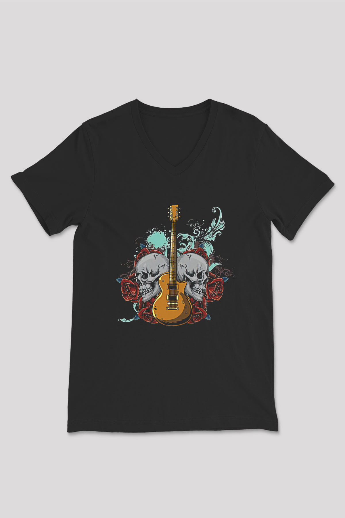 Elektro Gitar Baskılı Unisex Siyah V Yaka Tişört - Tshirt
