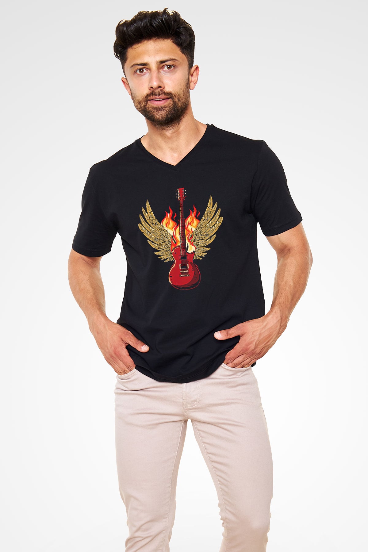 Elektro Gitar Baskılı Unisex Siyah V Yaka Tişört - Tshirt