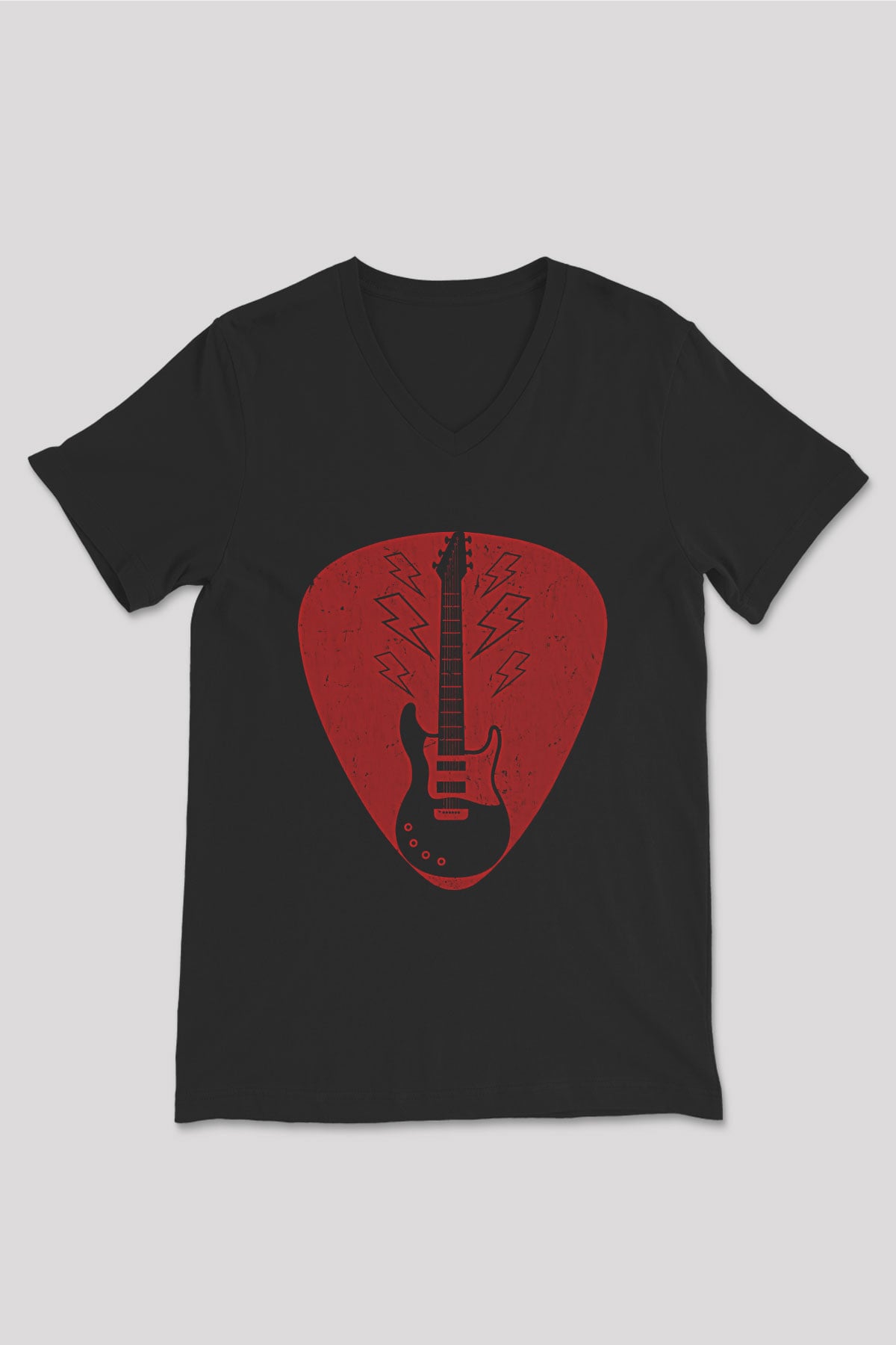 Elektro Gitar Baskılı Unisex Siyah V Yaka Tişört - Tshirt