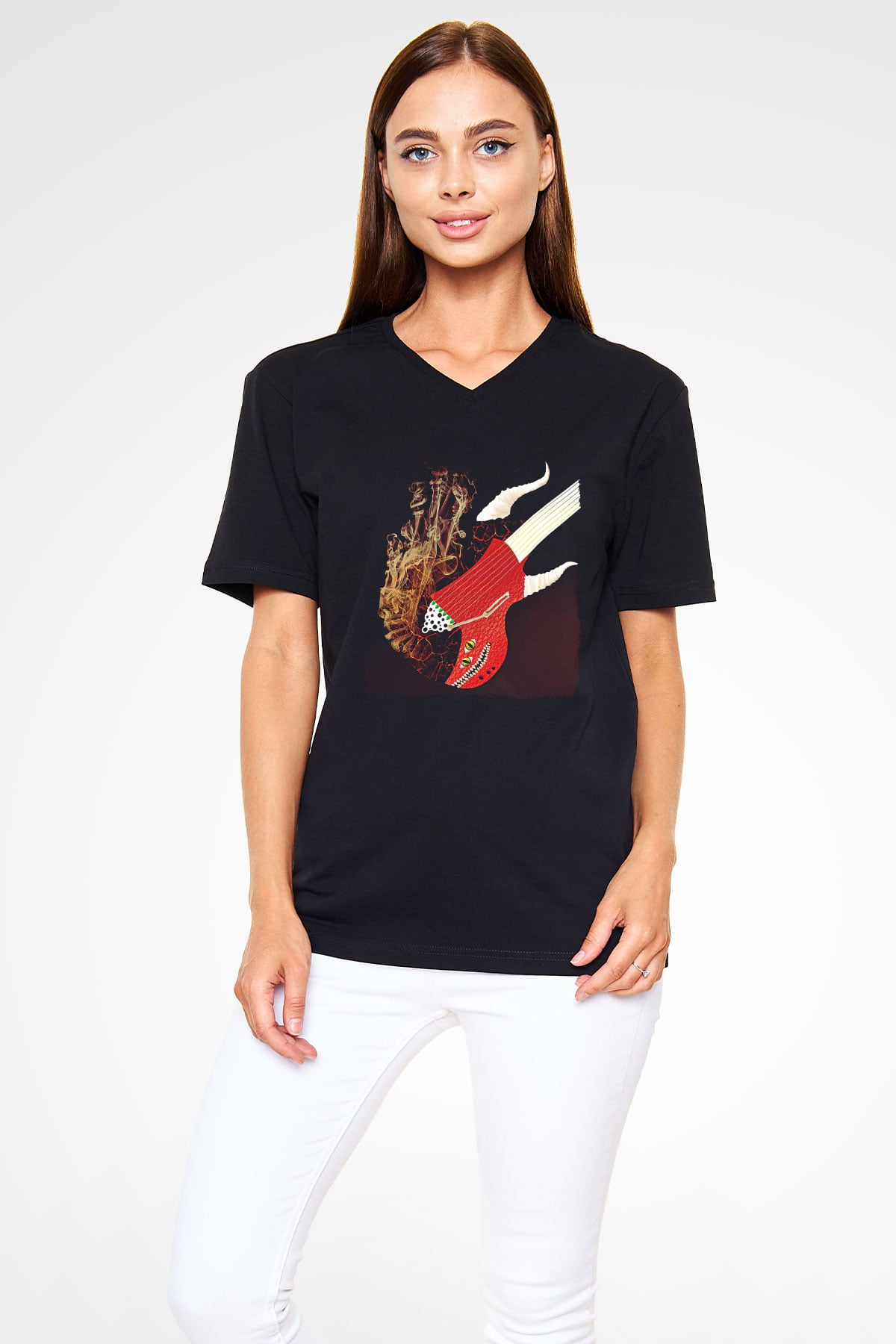 Elektro Gitar Baskılı Unisex Siyah V Yaka Tişört - Tshirt