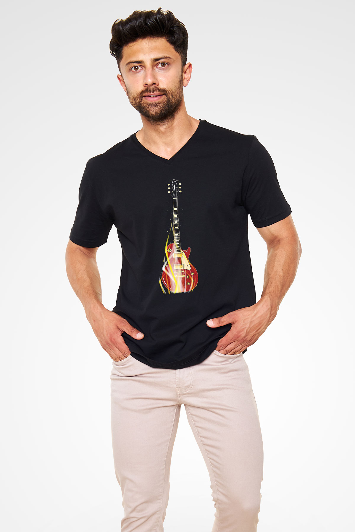 Elektro Gitar Baskılı Unisex Siyah V Yaka Tişört - Tshirt