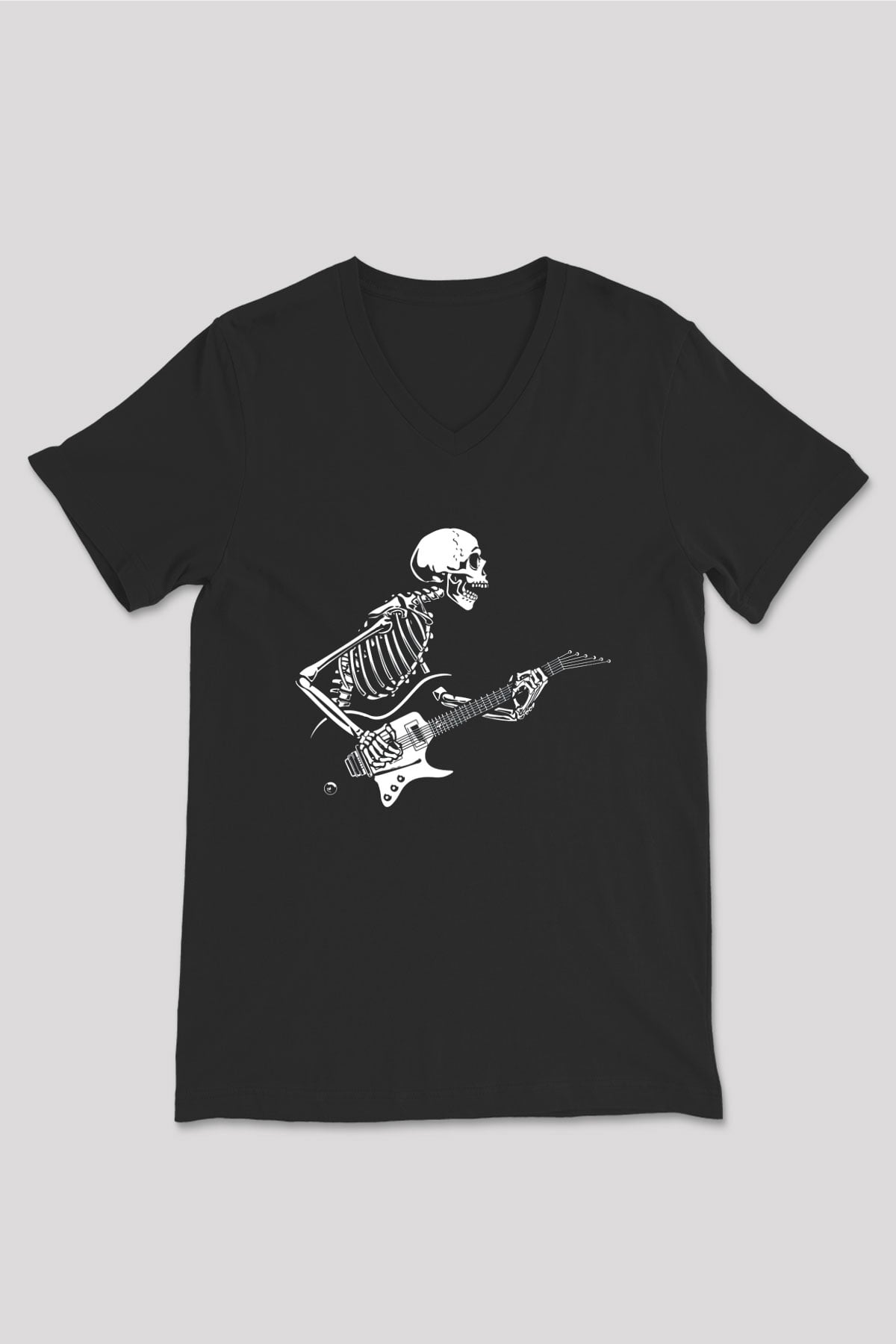 Elektro Gitar Baskılı Unisex Siyah V Yaka Tişört - Tshirt