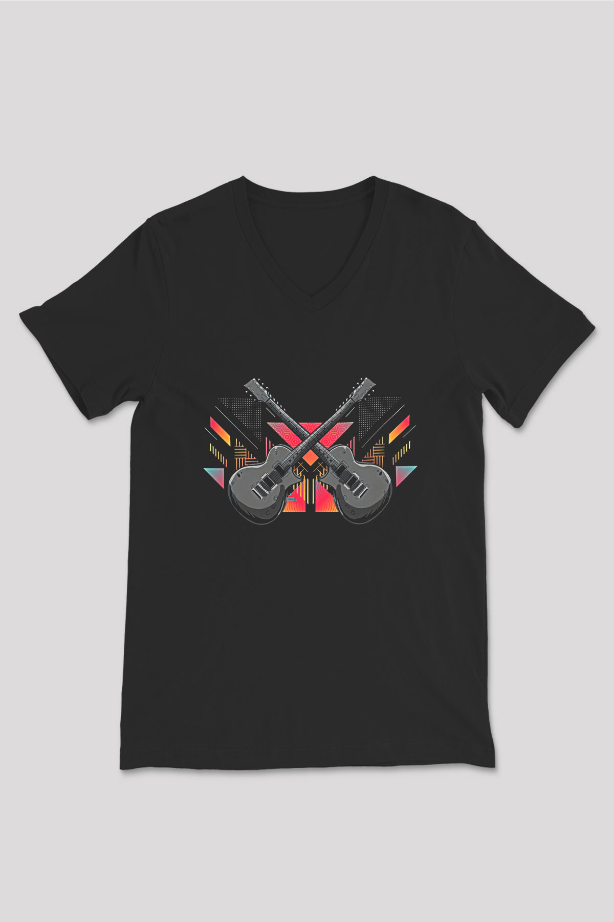 Elektro Gitar Baskılı Unisex Siyah V Yaka Tişört - Tshirt