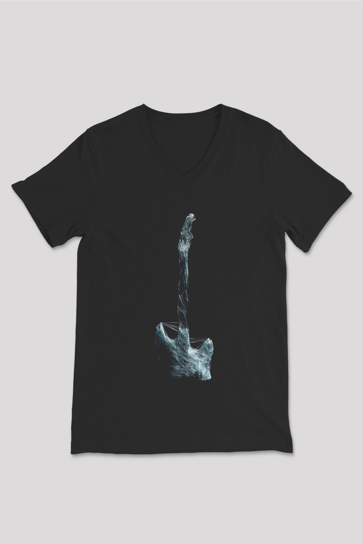 Elektro Gitar Baskılı Unisex Siyah V Yaka Tişört - Tshirt