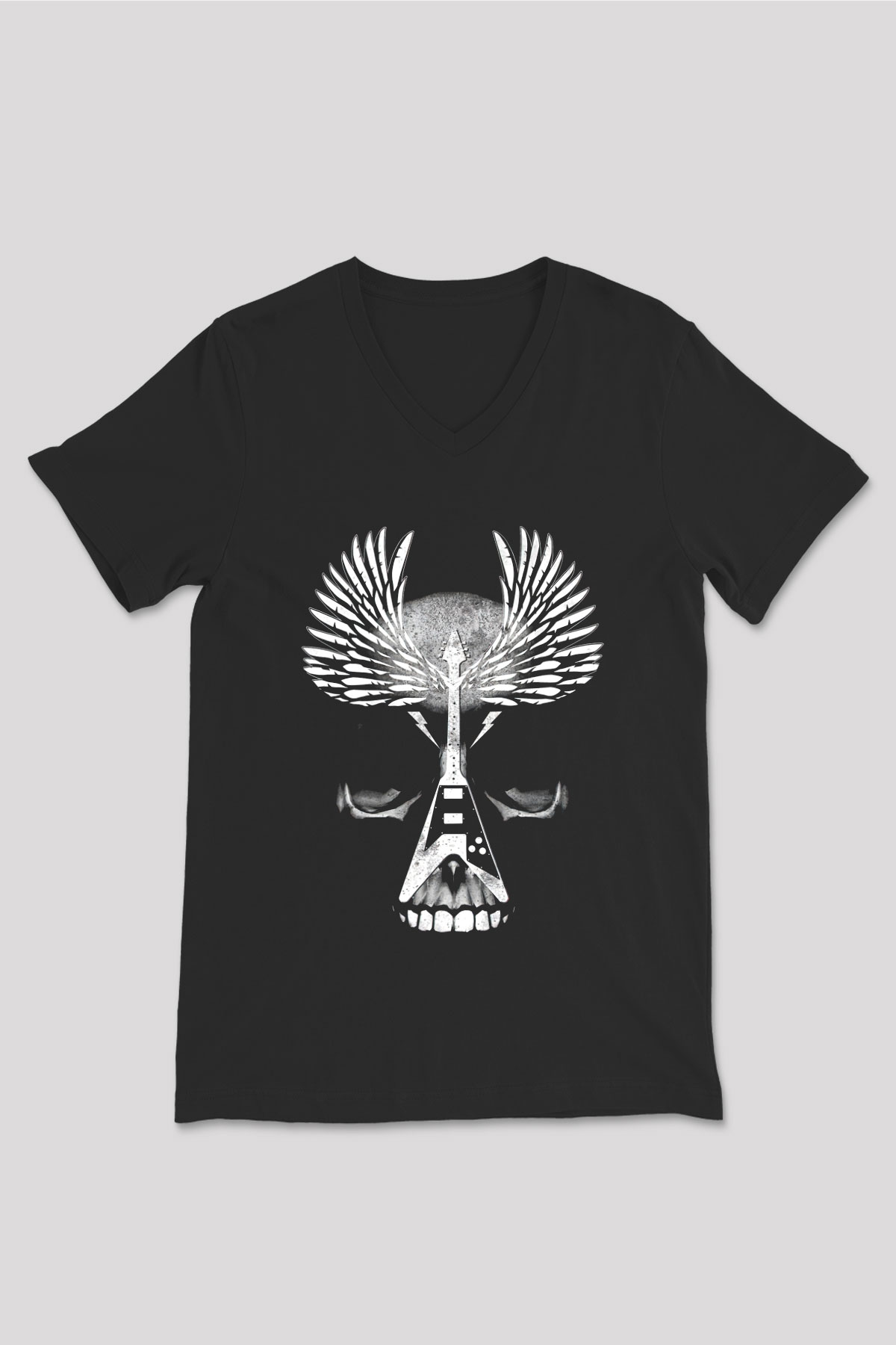 Elektro Gitar Baskılı Unisex Siyah V Yaka Tişört - Tshirt