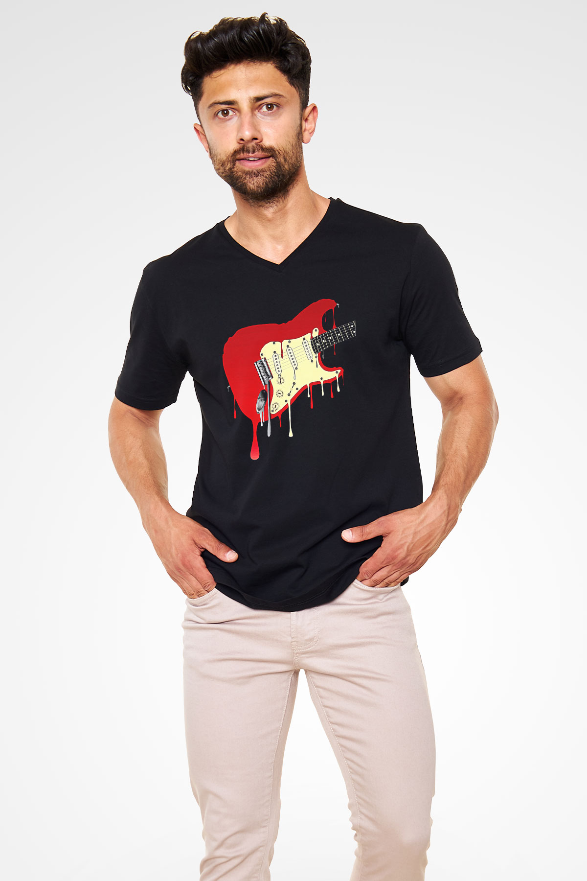 Elektro Gitar Baskılı Unisex Siyah V Yaka Tişört - Tshirt