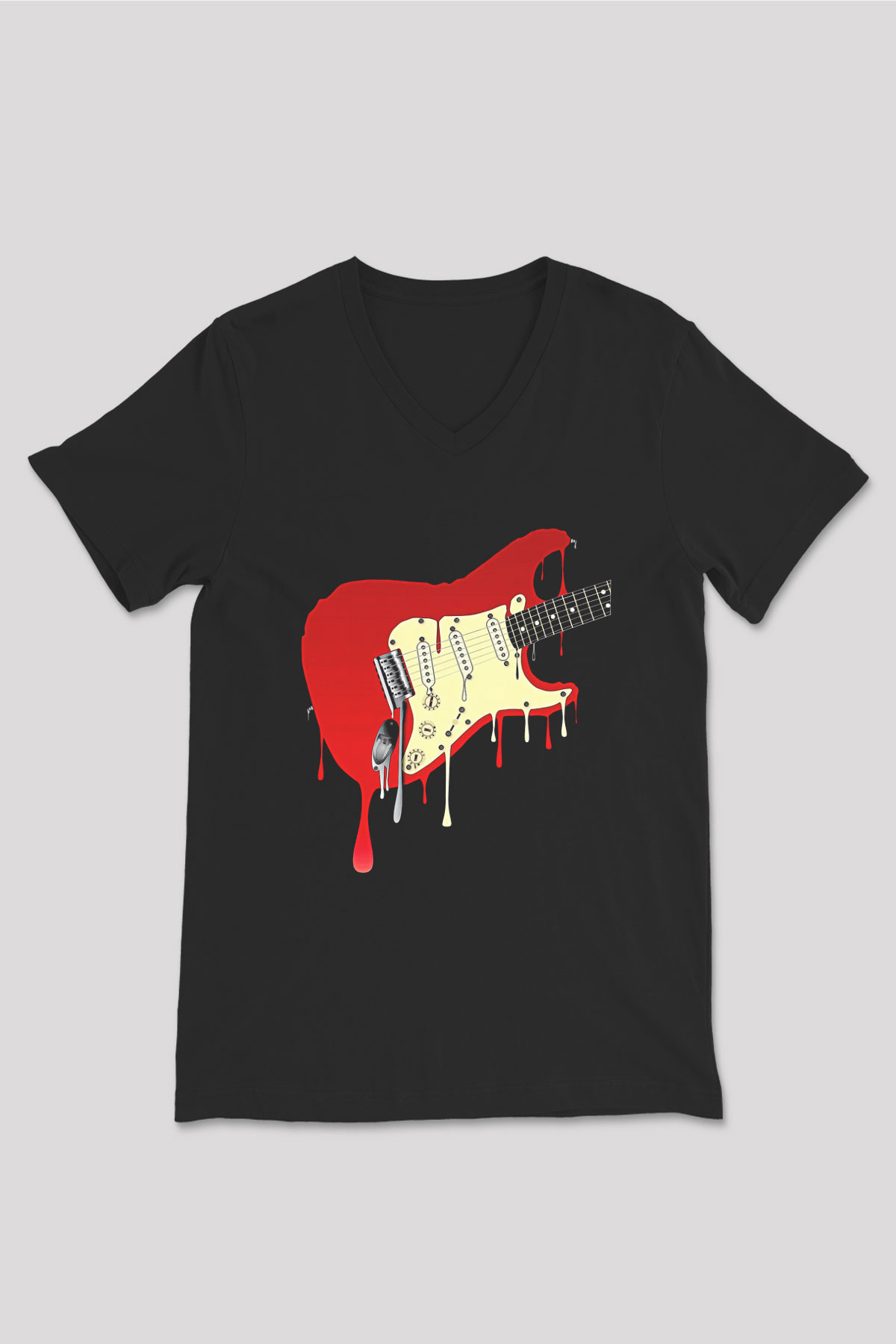 Elektro Gitar Baskılı Unisex Siyah V Yaka Tişört - Tshirt