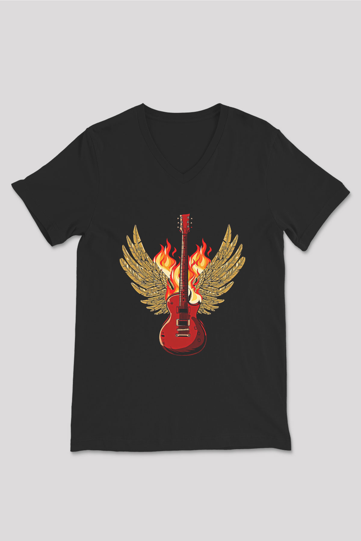 Elektro Gitar Baskılı Unisex Siyah V Yaka Tişört - Tshirt