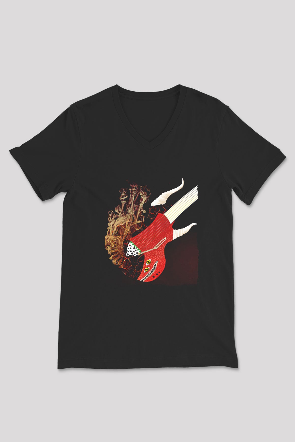 Elektro Gitar Baskılı Unisex Siyah V Yaka Tişört - Tshirt