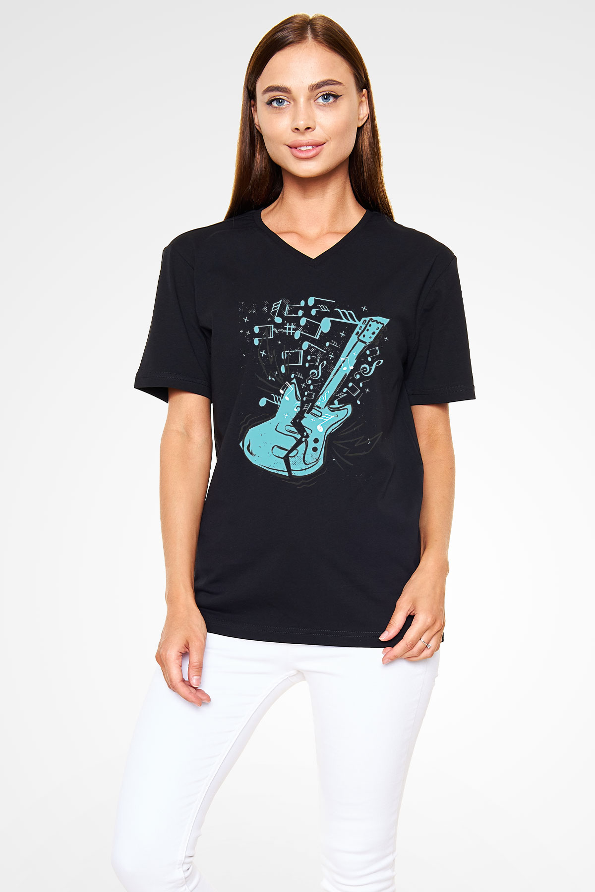 Elektro Gitar Baskılı Unisex Siyah V Yaka Tişört - Tshirt