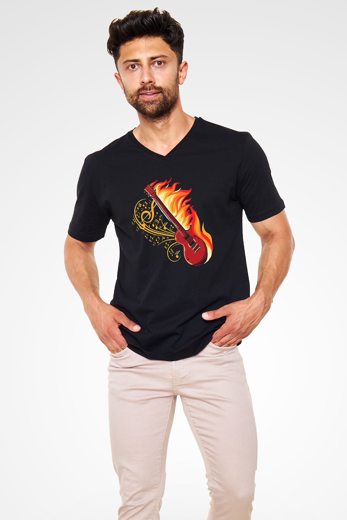 Elektro Gitar Baskılı Unisex Siyah V Yaka Tişört - Tshirt