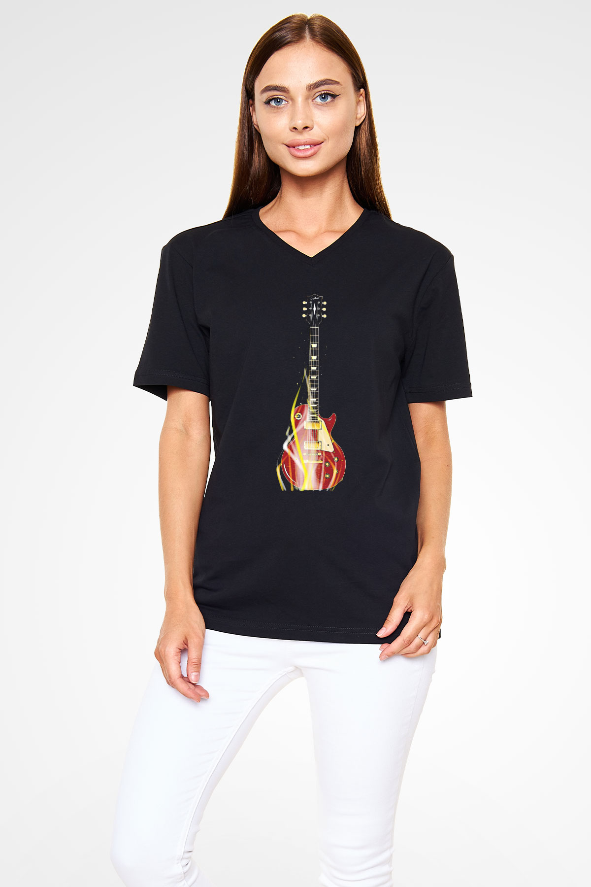 Elektro Gitar Baskılı Unisex Siyah V Yaka Tişört - Tshirt
