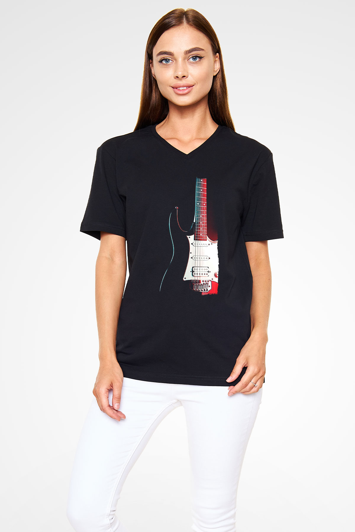Elektro Gitar Baskılı Unisex Siyah V Yaka Tişört - Tshirt