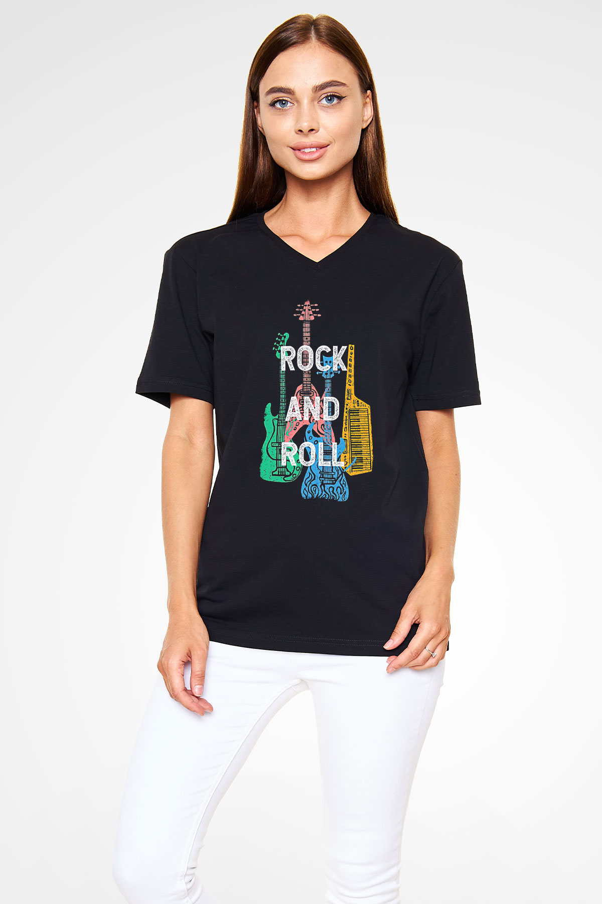 Elektro Gitar Baskılı Unisex Siyah V Yaka Tişört - Tshirt