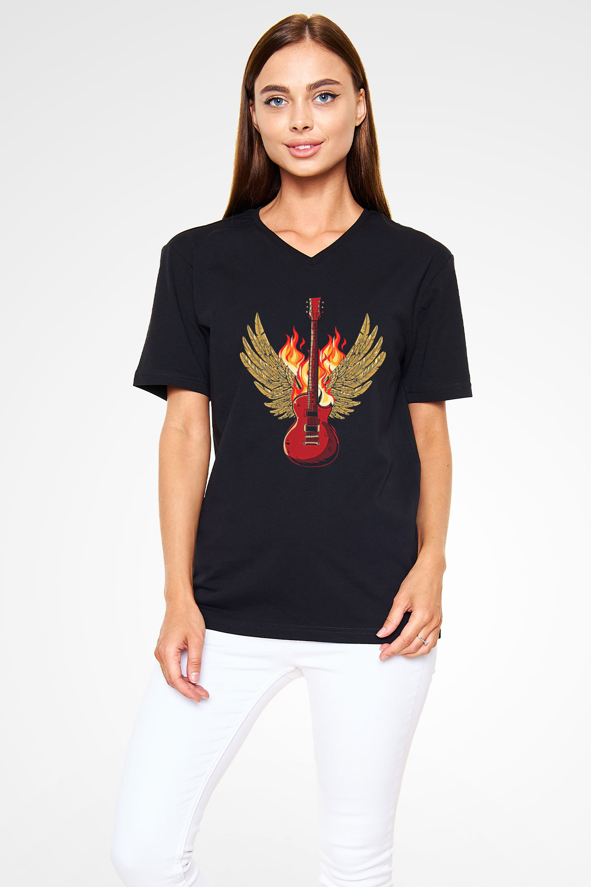 Elektro Gitar Baskılı Unisex Siyah V Yaka Tişört - Tshirt