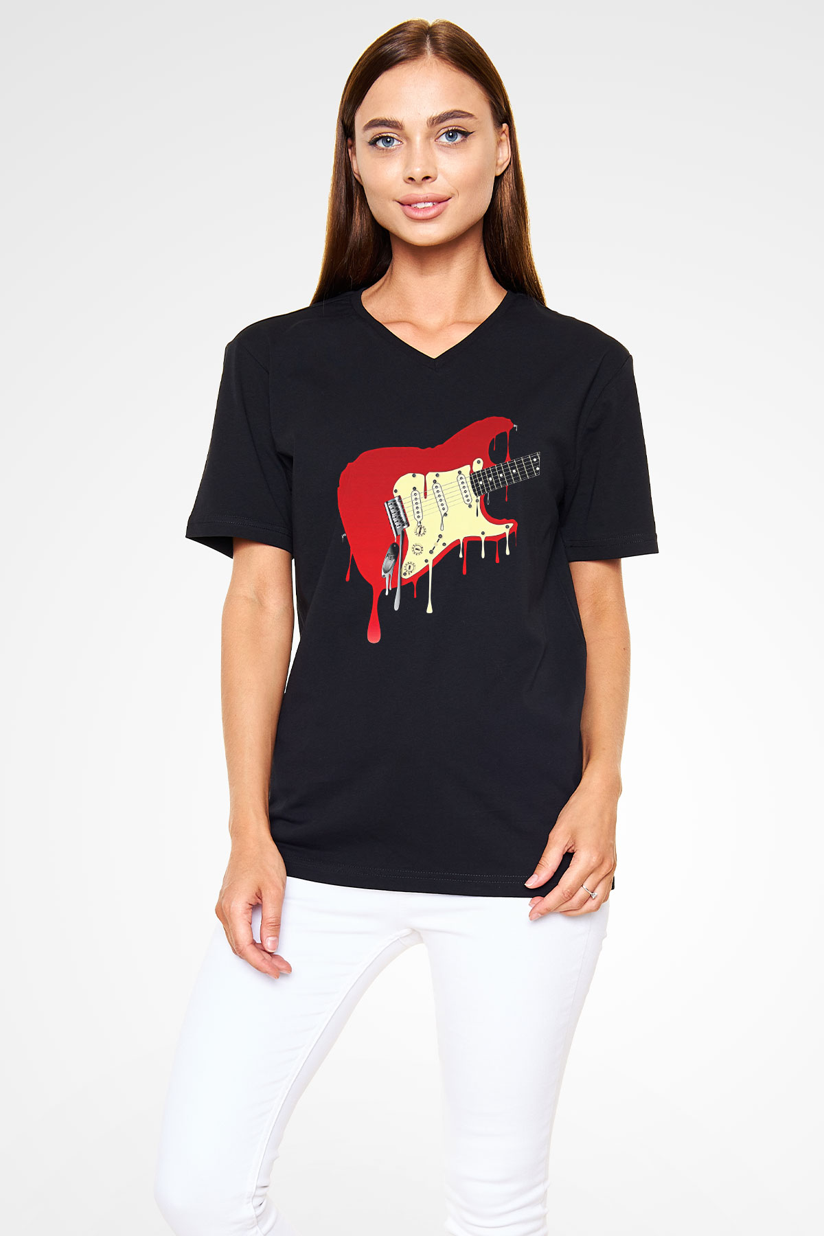 Elektro Gitar Baskılı Unisex Siyah V Yaka Tişört - Tshirt