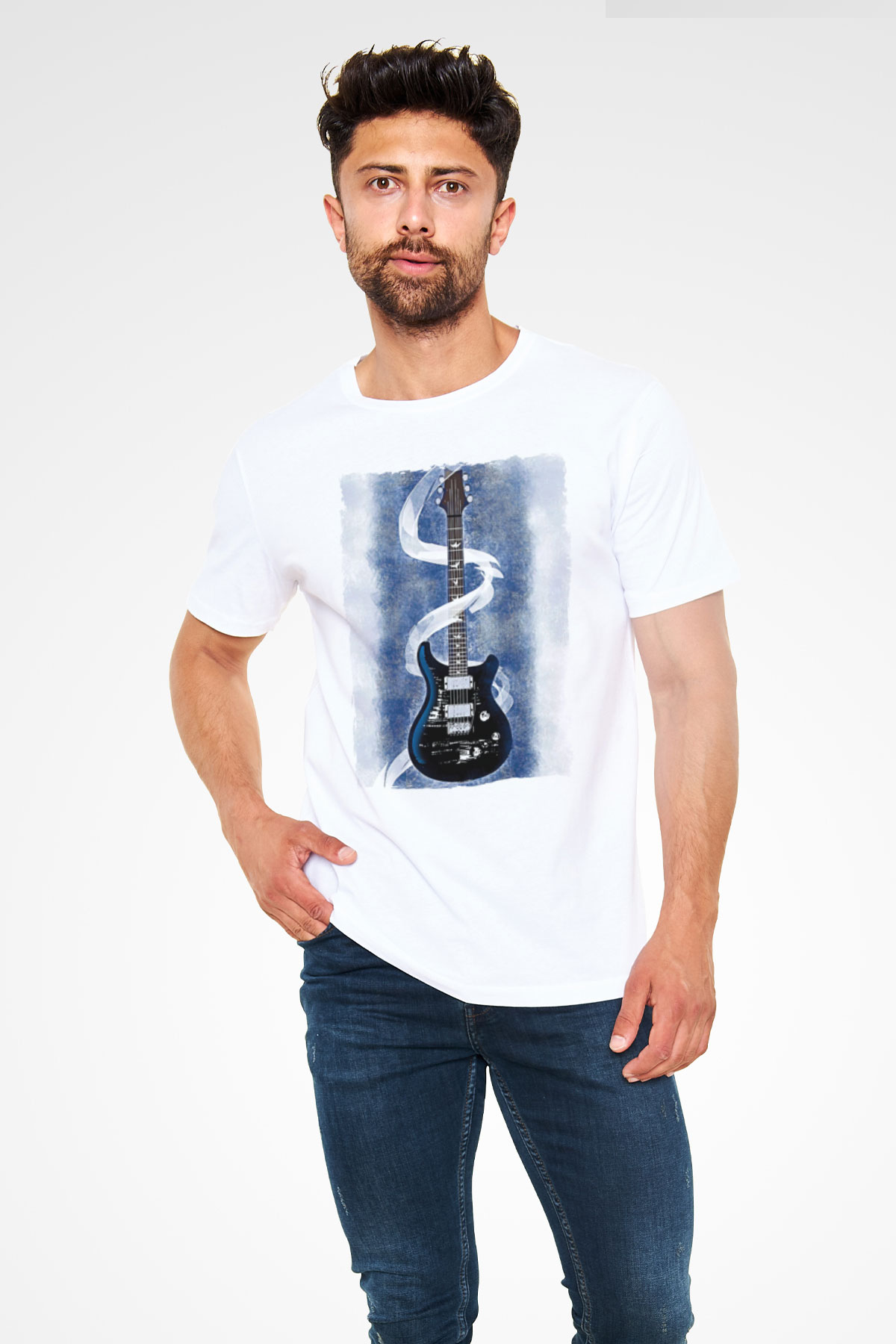 Elektro Gitar Unisex Baskılı Beyaz Tişört - Tshirt