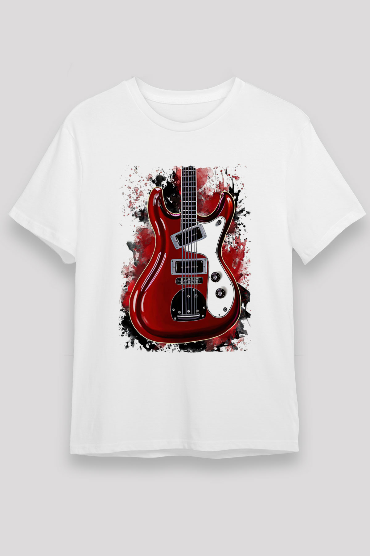 Elektro Gitar Unisex Baskılı Beyaz Tişört - Tshirt