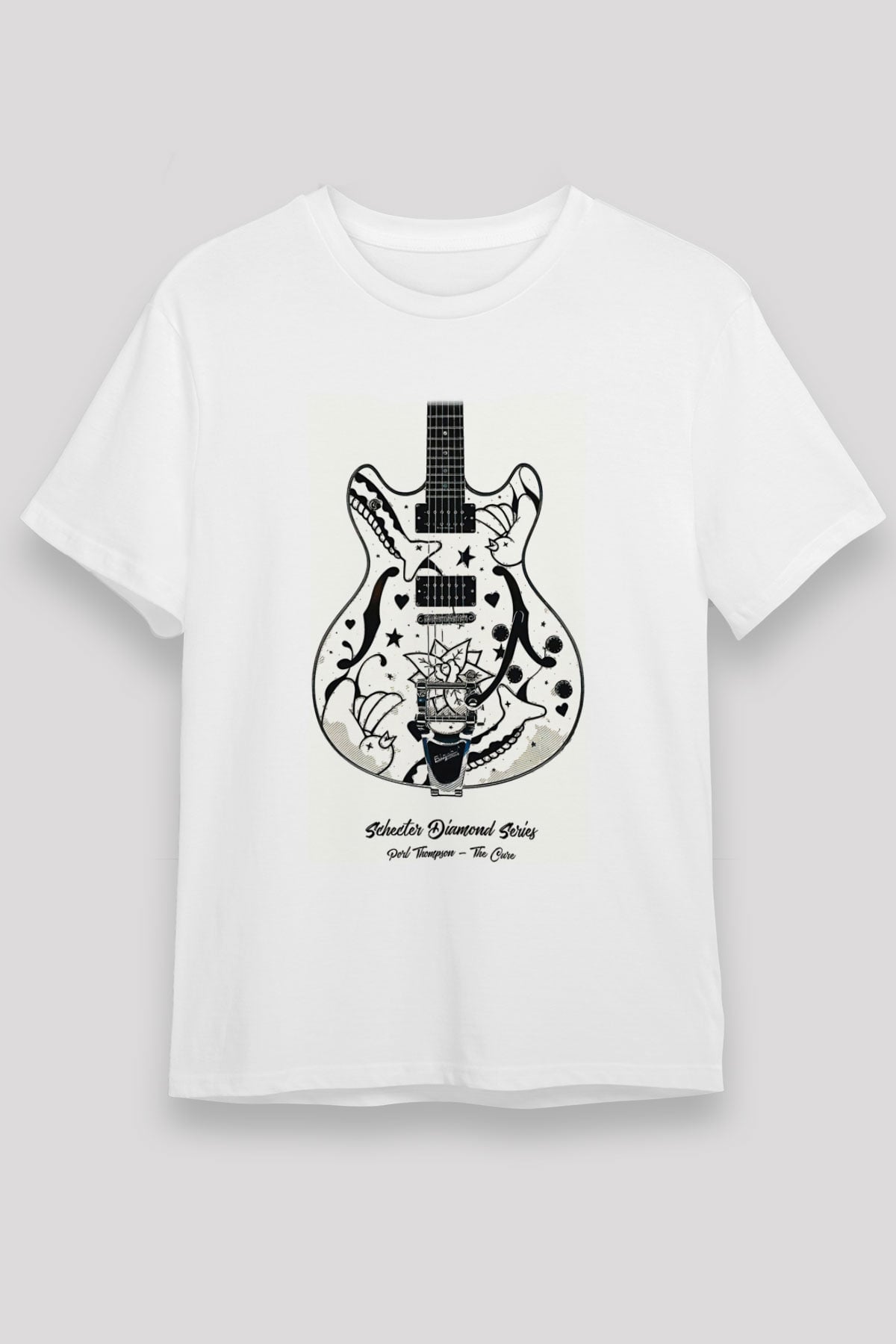 Elektro Gitar Unisex Baskılı Beyaz Tişört - Tshirt