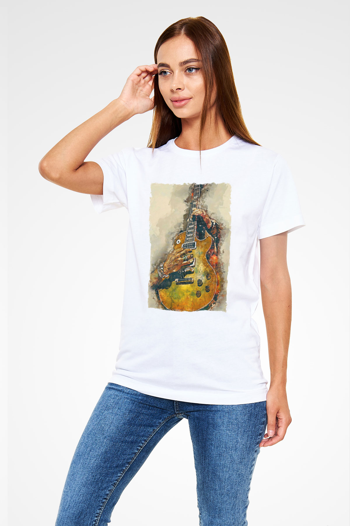 Elektro Gitar Unisex Baskılı Beyaz Tişört - Tshirt