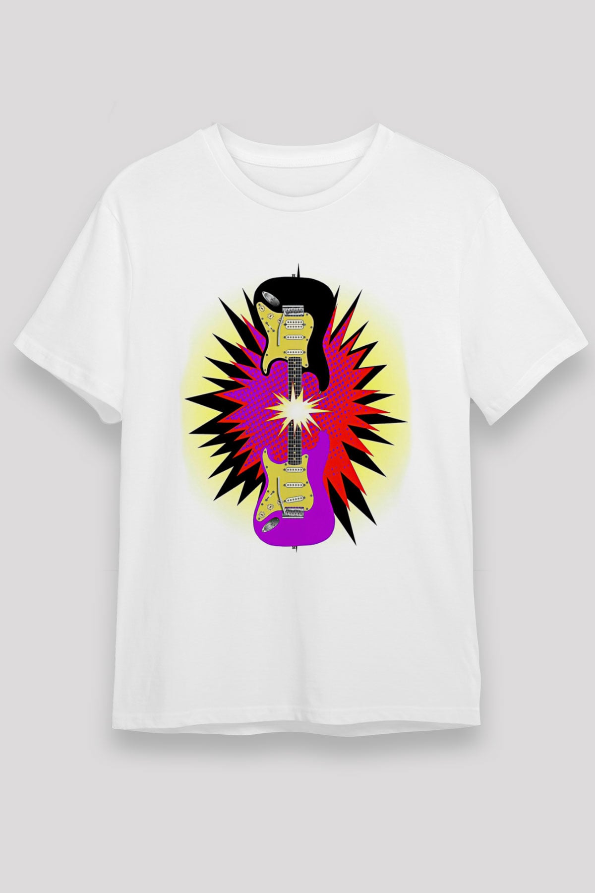 Elektro Gitar Unisex Baskılı Beyaz Tişört - Tshirt