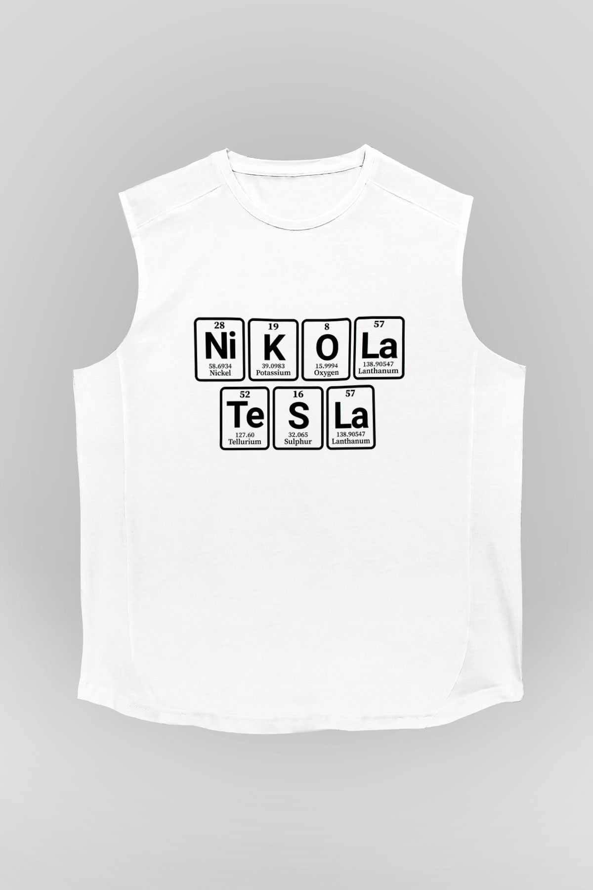 Elementlerden Oluşan Nikola Tesla Baskılı Unisex Beyaz Kolsuz Tişört