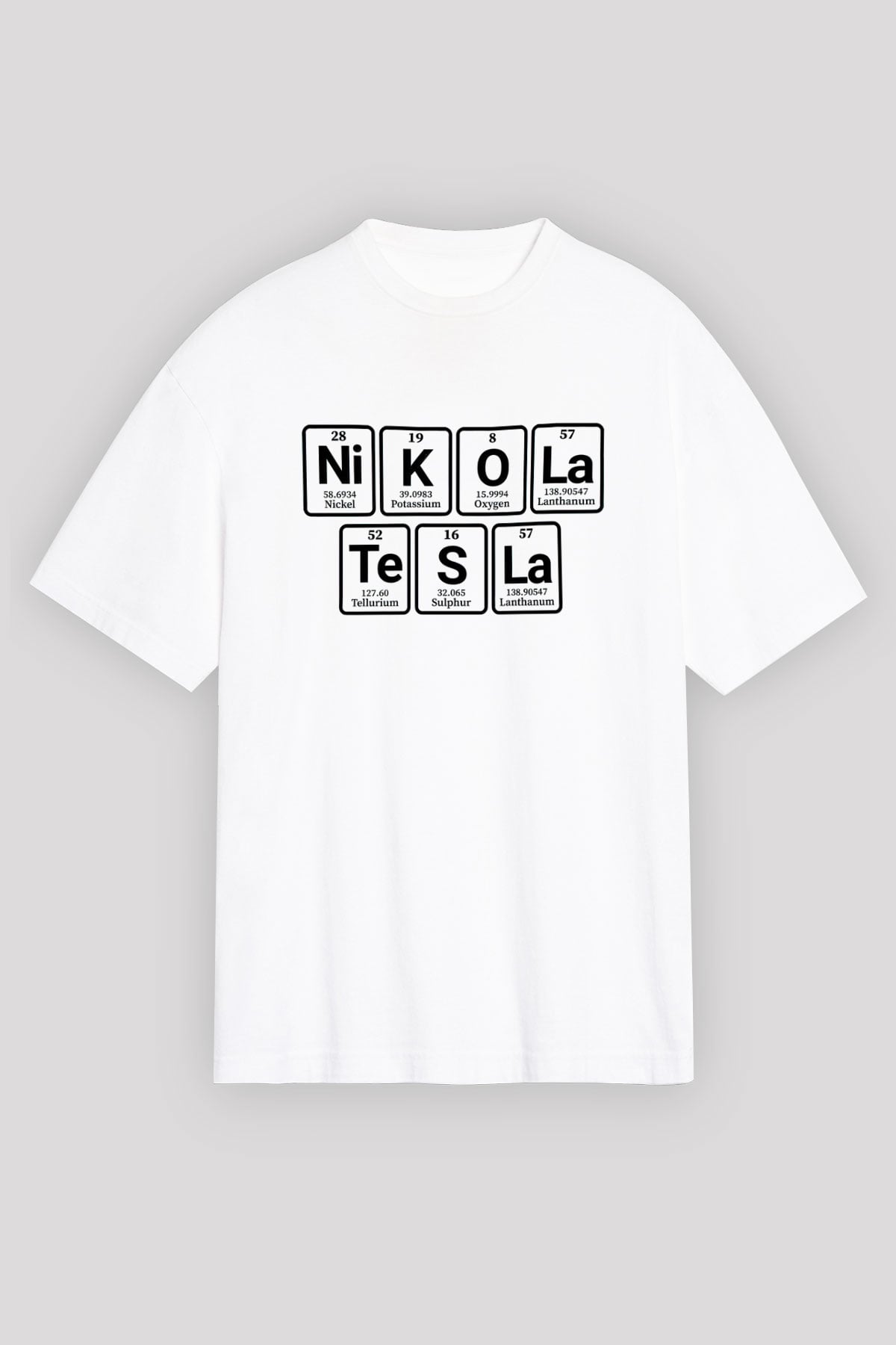 Elementlerden Oluşan Nikola Tesla Baskılı Unisex Beyaz Oversize Tişört