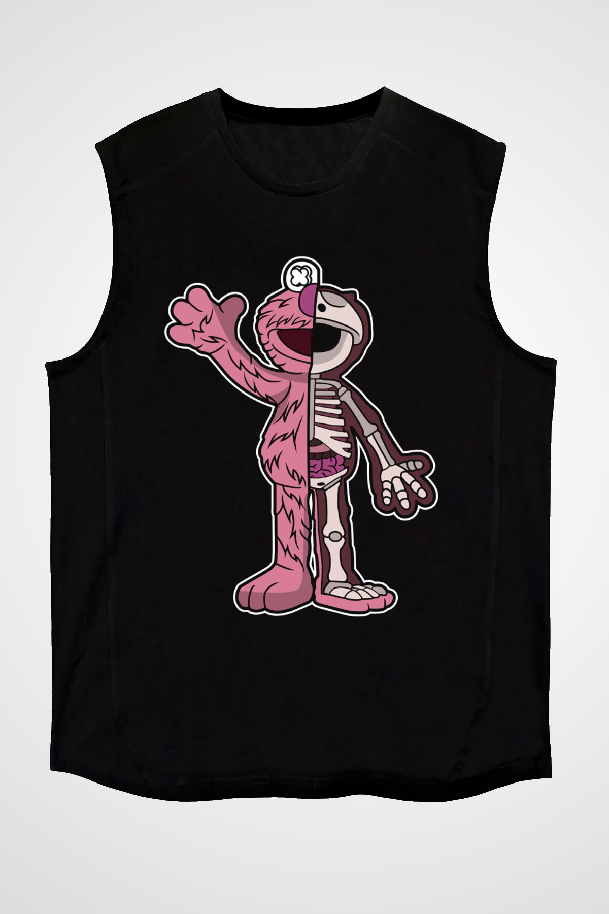 Elmo Half Skeleton Baskılı Unisex Siyah Kolsuz Tişört