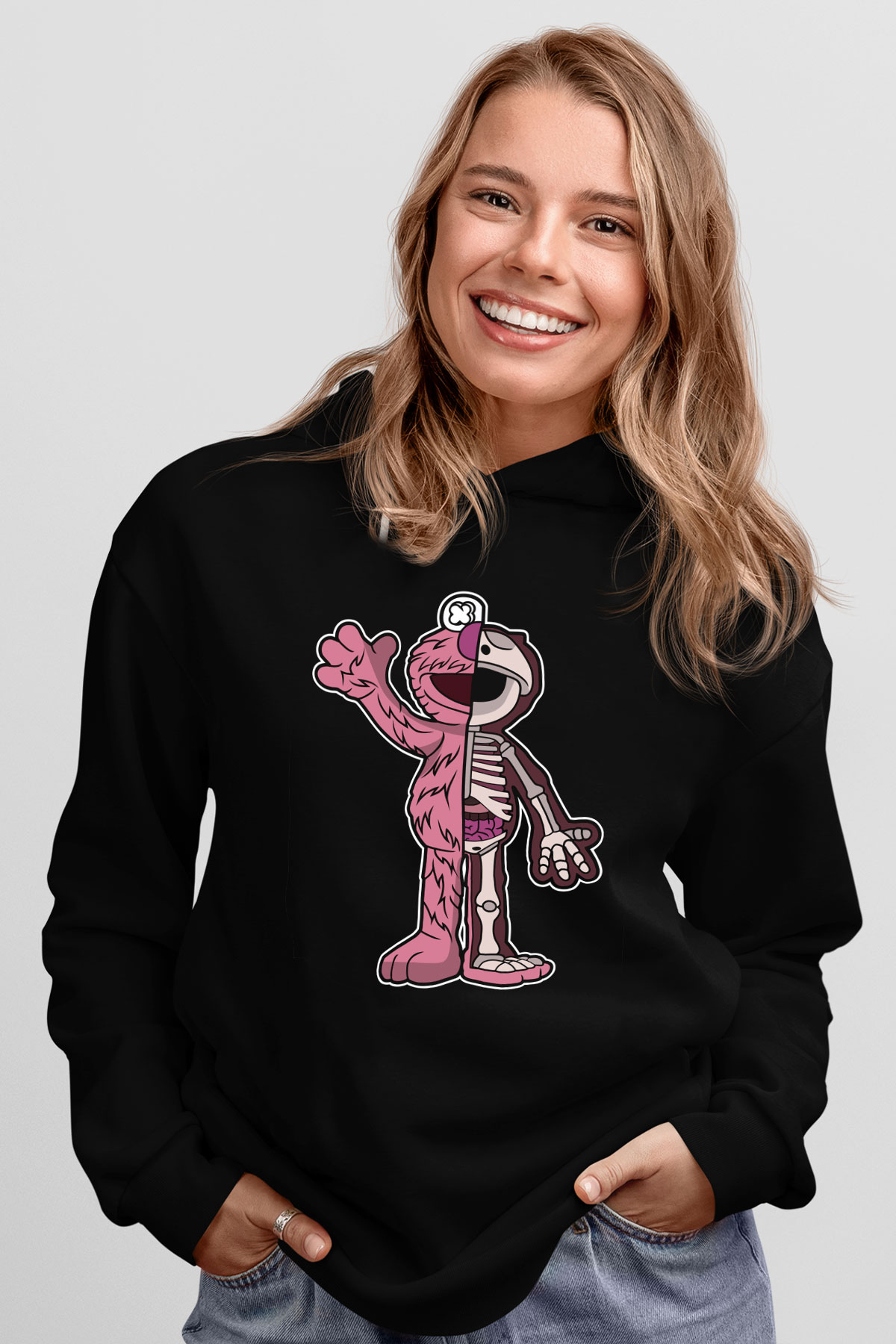 Elmo Half Skeleton Baskılı Unisex Siyah Hoodie