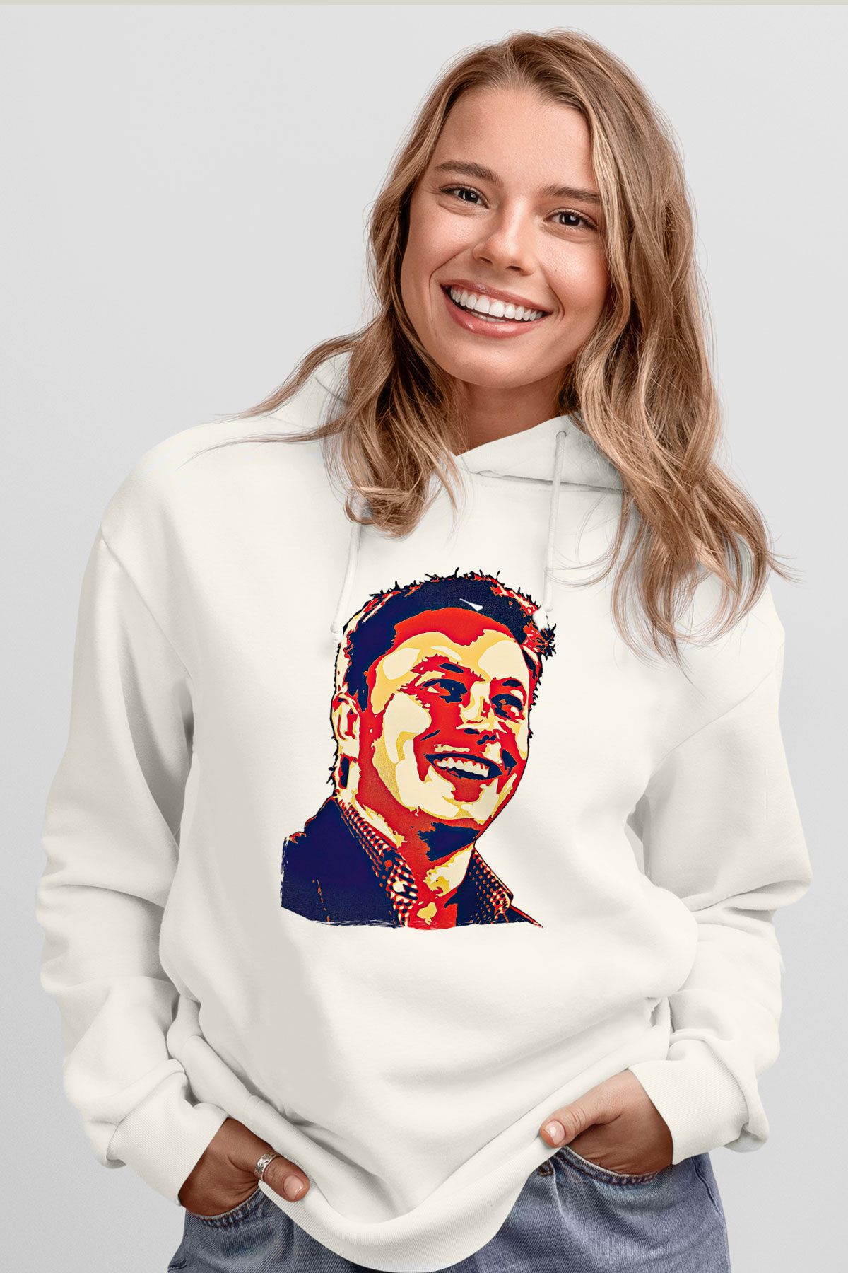 Elon Musk Baskılı Beyaz Unisex Kapüşonlu Sweatshirt