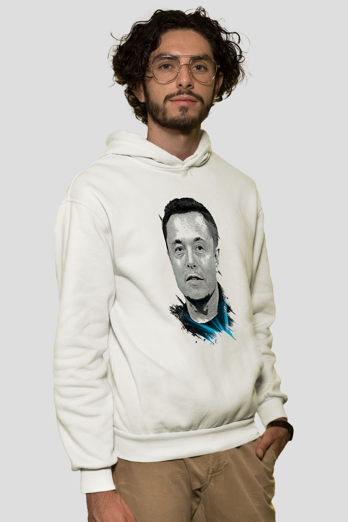 Elon Musk Baskılı Beyaz Unisex Kapüşonlu Sweatshirt