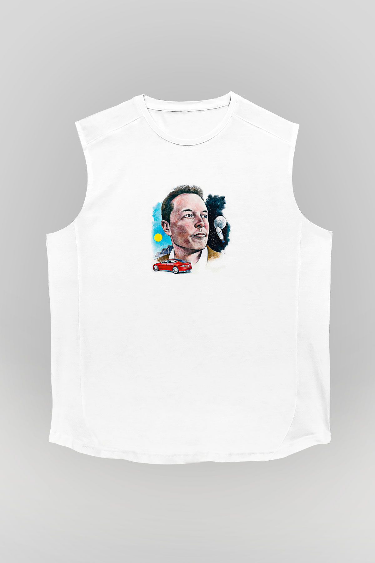 Elon Musk Baskılı Beyaz Unisex Kolsuz Tişört - Tshirt