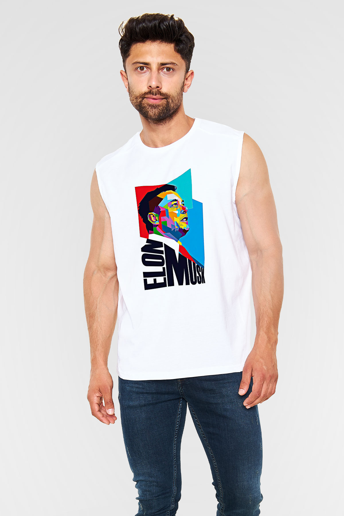 Elon Musk Baskılı Beyaz Unisex Kolsuz Tişört - Tshirt