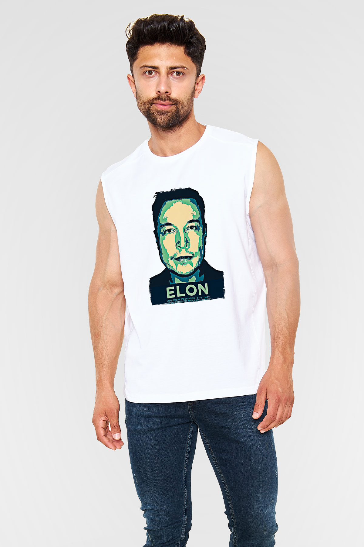 Elon Musk Baskılı Beyaz Unisex Kolsuz Tişört - Tshirt