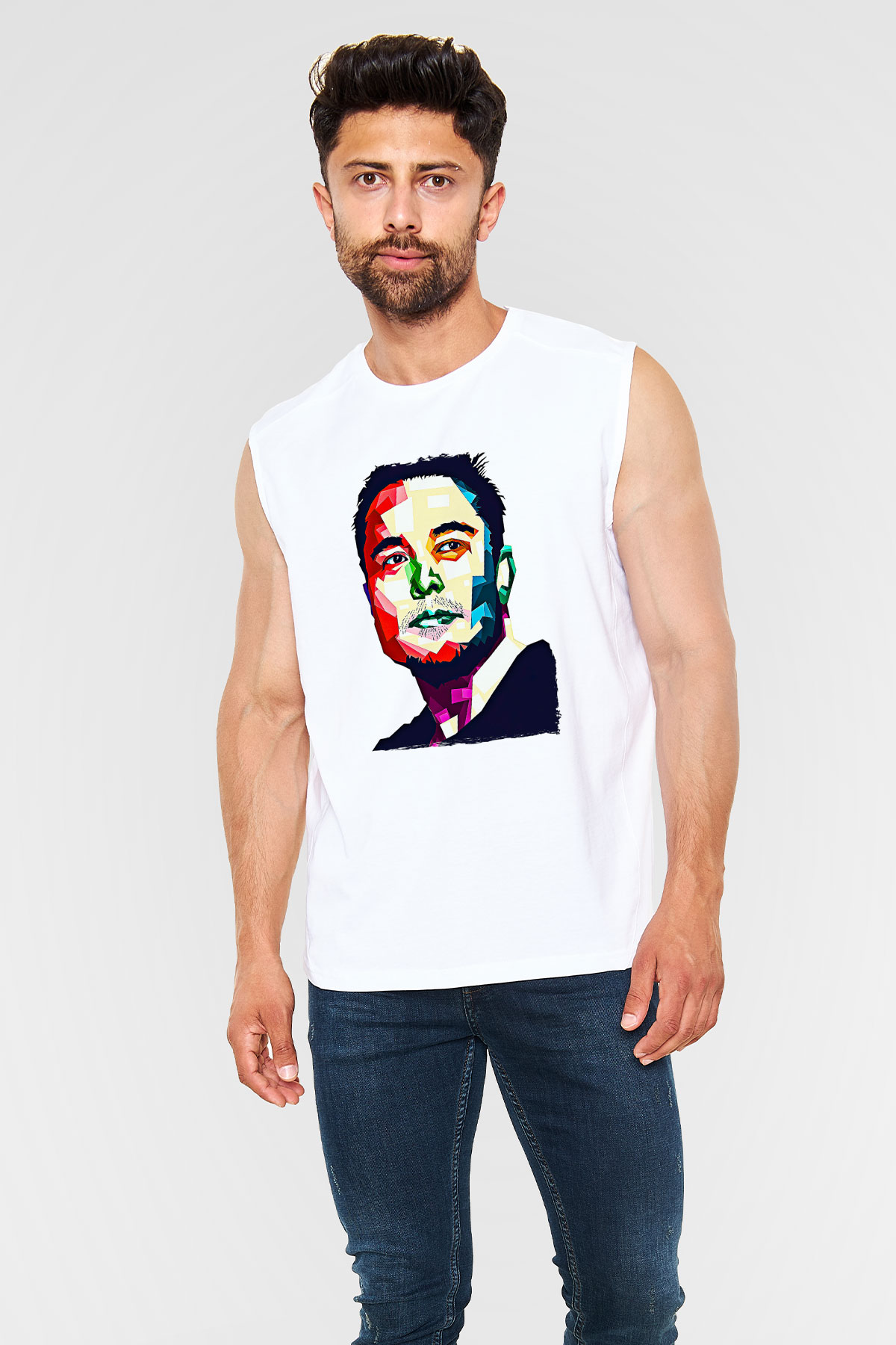 Elon Musk Baskılı Beyaz Unisex Kolsuz Tişört - Tshirt