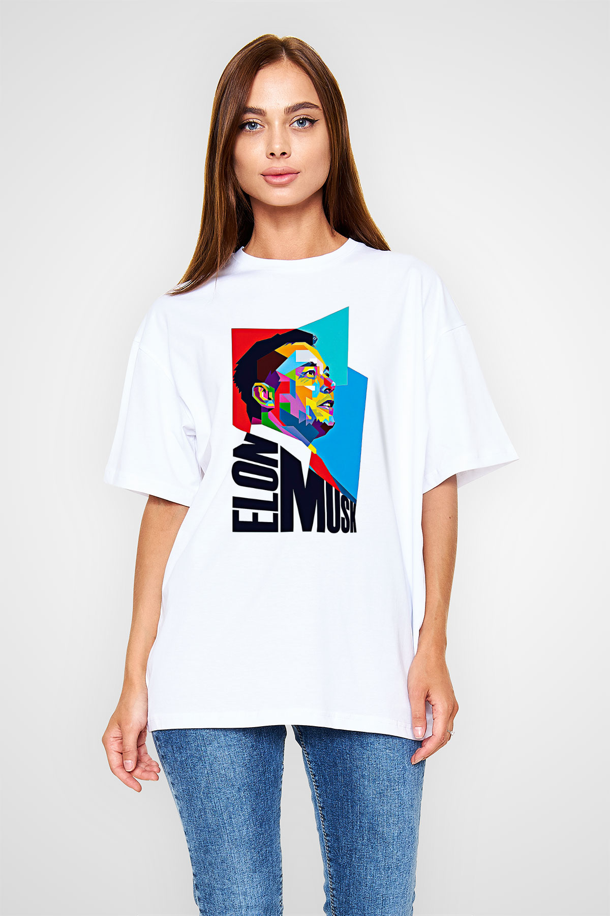 Elon Musk Baskılı Beyaz Unisex Oversize Tişört - Tshirt