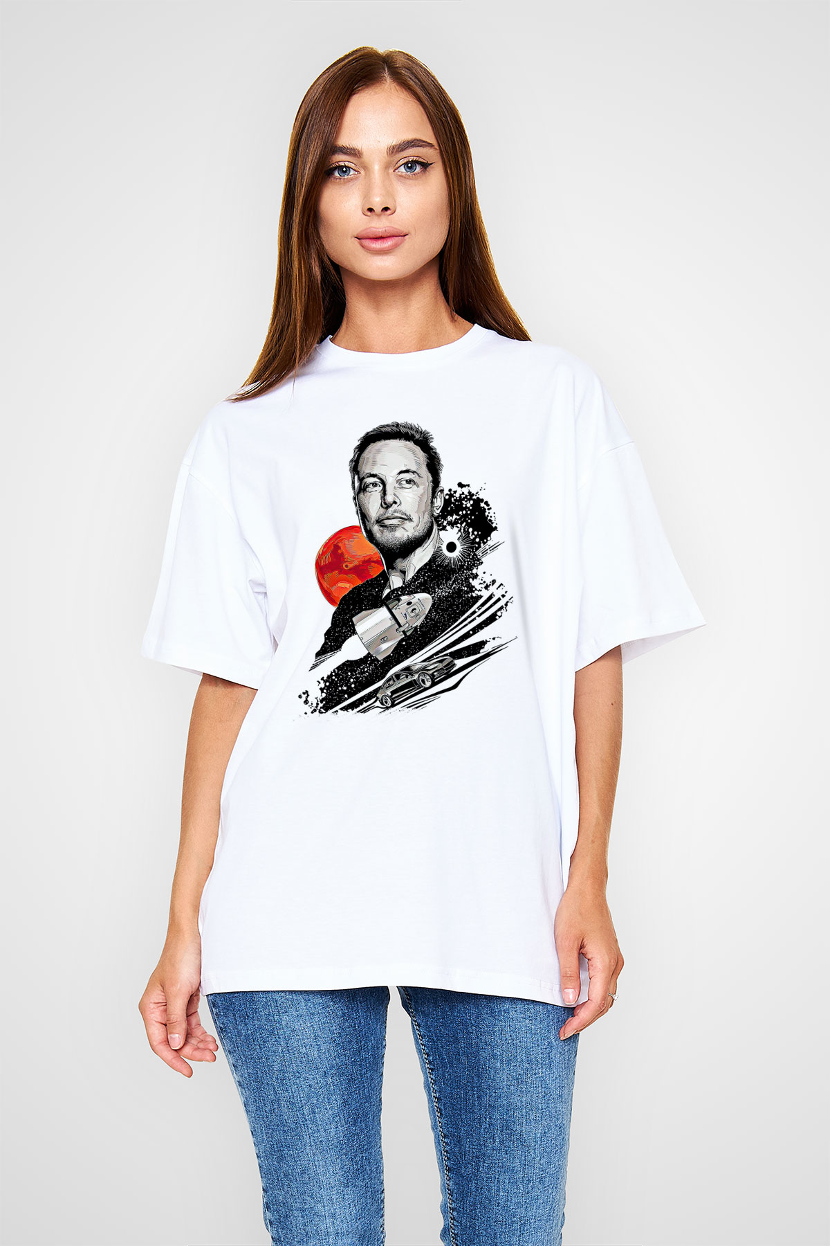 Elon Musk Baskılı Beyaz Unisex Oversize Tişört - Tshirt