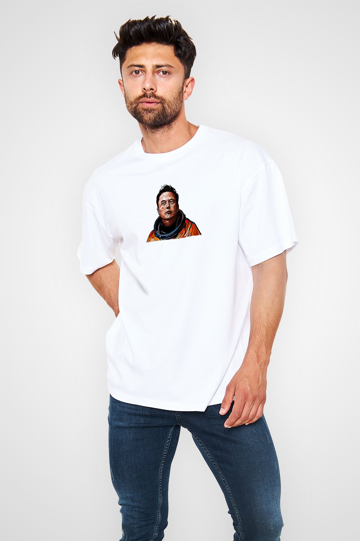 Elon Musk Baskılı Beyaz Unisex Oversize Tişört - Tshirt