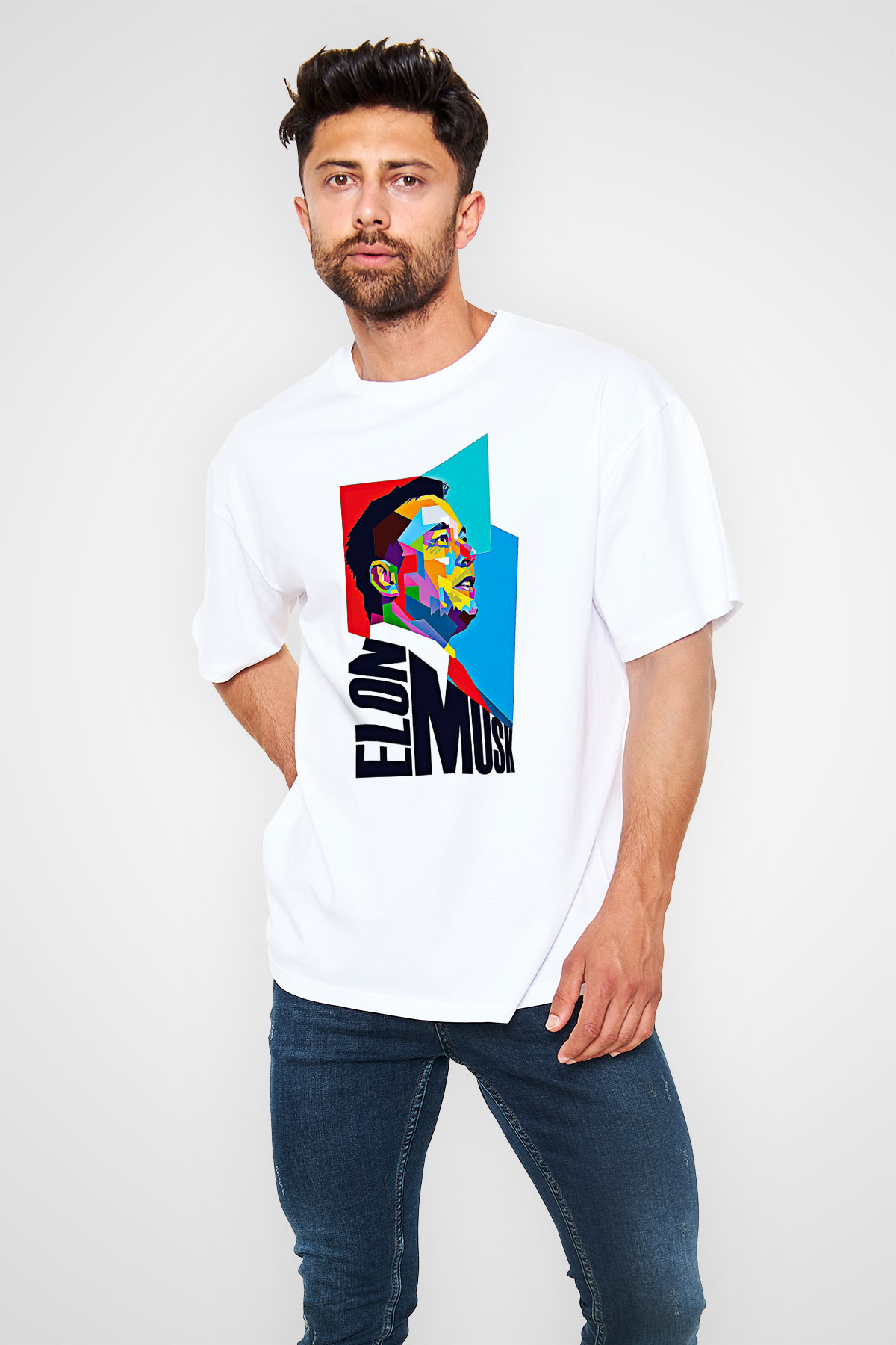 Elon Musk Baskılı Beyaz Unisex Oversize Tişört - Tshirt